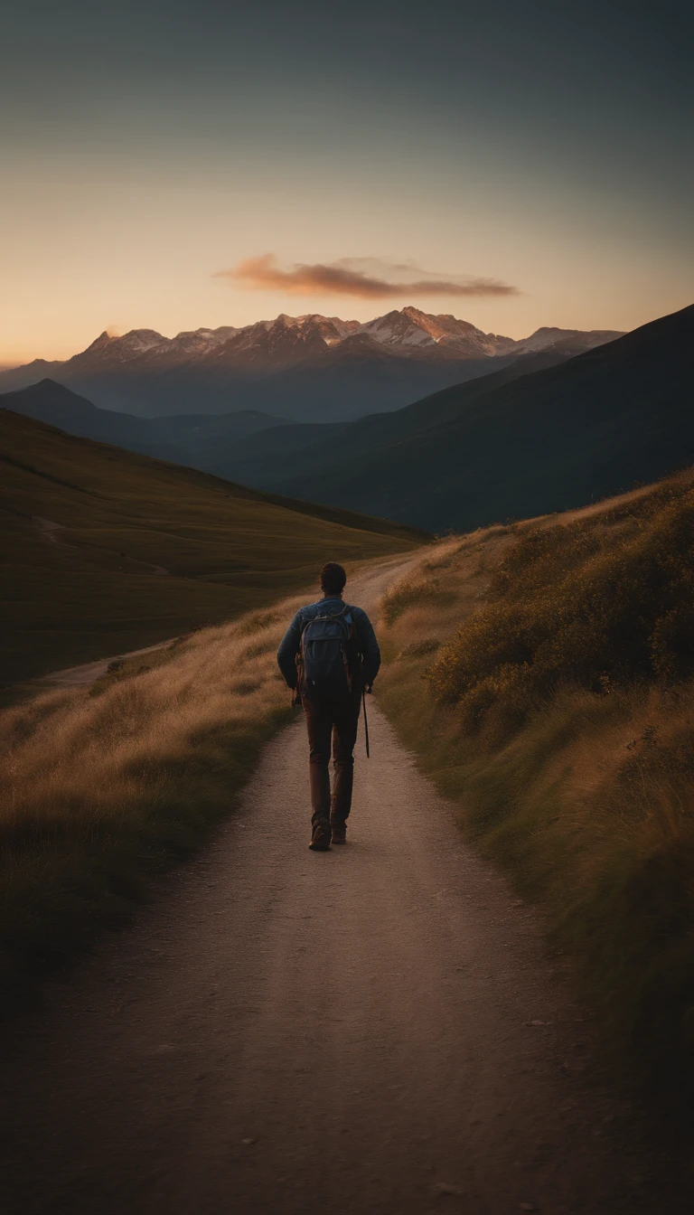 a man walking down a road towards a mountain at sunset, walking away from the camera, walking away from camera, a wanderer on a mountain, man walking, going forward to the sunset,  human walking, time to climb the mountain path, walking away, traveling through the mountains, a man wearing a backpack, the journey of life, walking towards camera
