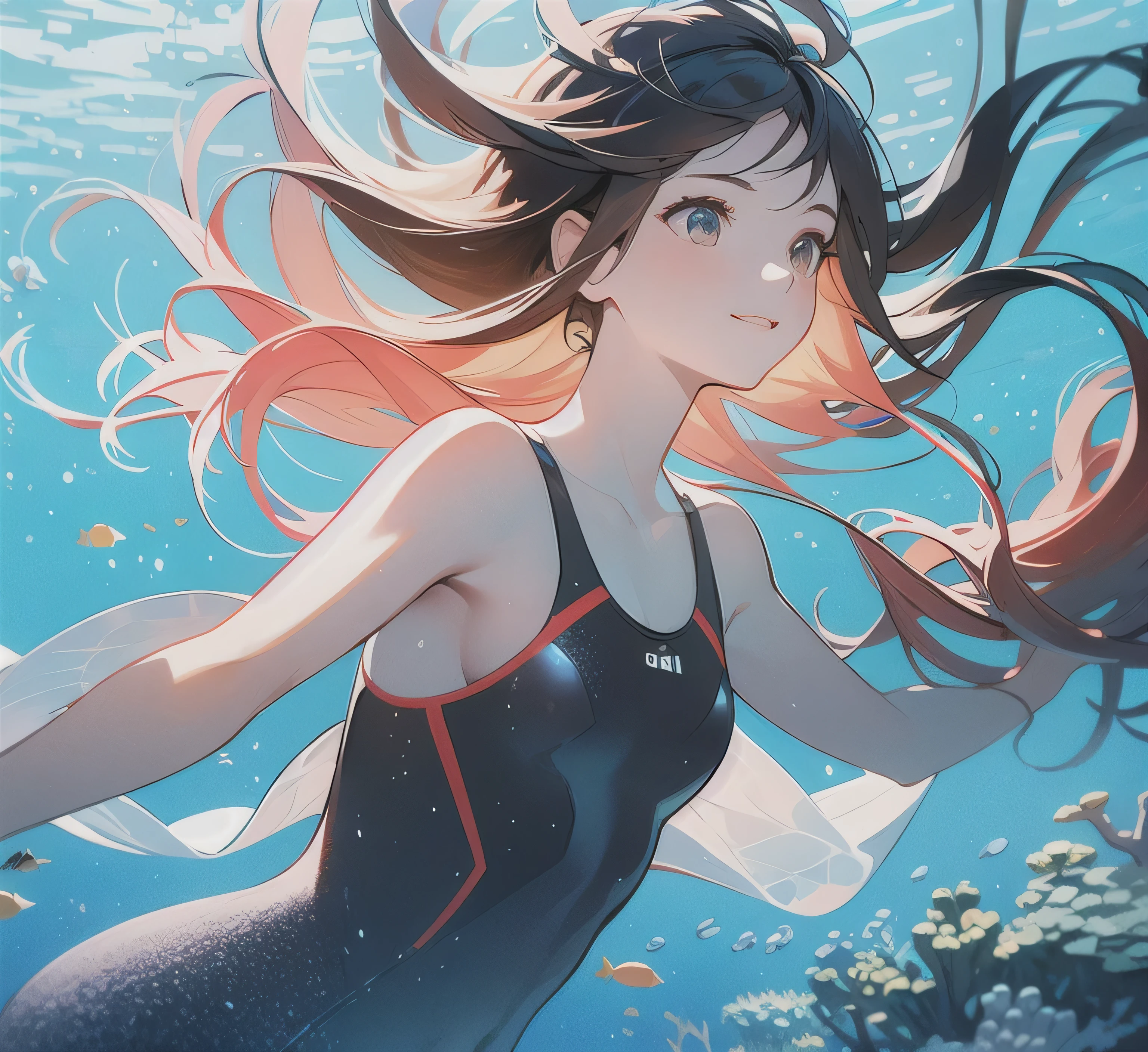 (best quality,highres,masterpiece:1.2),ultra-detailed,realistic,photorealistic:1.37,girl,diving underwater,scuba diving gear,black,short,straight hair,perfect hands,correct anatomy,well-proportioned body,underwater scenery,aquatic life,crystal-clear water,sparkling light rays,serene expression,colorful coral reefs,curious fish,peaceful atmosphere,aquatic adventure,beautiful underwater world