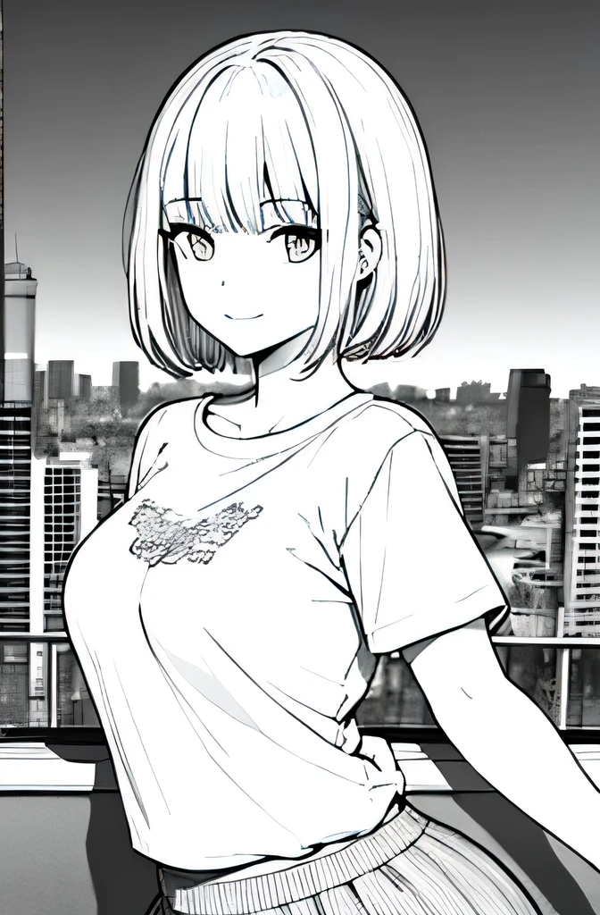 masterpiece, best quality, detailed, 1girl, solo, short_hair, looking_at_viewer, smile, bangs, skirt, t shirt, breasts, lineart, monochrome, city,