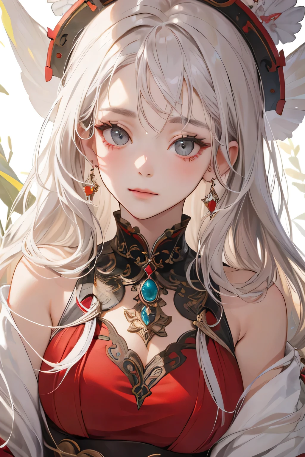 Empress, forest nymph, ethereal forest girl, perfect anatomy, hanging jewels, pretty girl, amazing body, best proportions, yunani red dress, ancient goddess ((((closeup face)))), looking at viewer, white long curl hair, grey eyes, closed mouth, elegant empress, arogant, beautiful and cutie