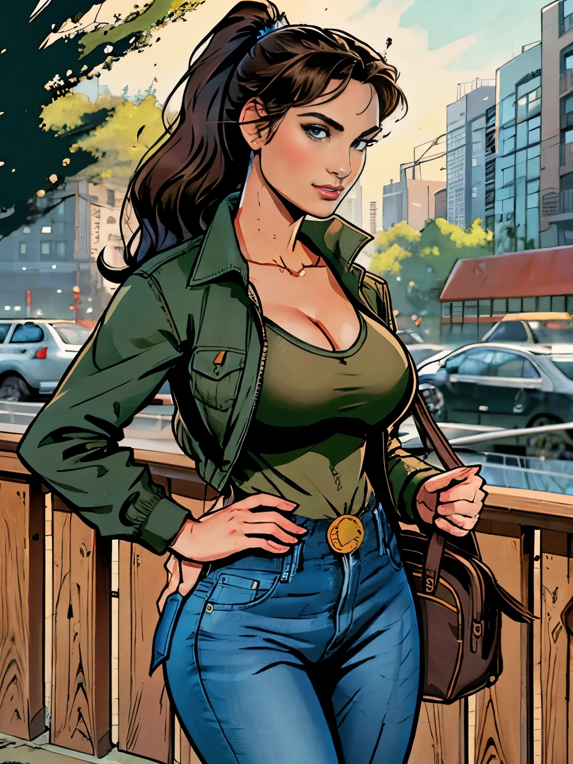(masterpiece, top quality, best quality, official art, beautiful and aesthetic:1.2), (1girl:1.3), dark brown hair pulled back, elegant updo, extremely detailed, portrait, looking at viewer, facing viewer, solo, (full body:0.6), detailed background, close up, kindly eyes, (warm summer park theme:1.1), busty woman, charlatan, smirk, mysterious, long hair, huge ponytail, slim, thin, athletic, womanly, elastic woman, dark green jacket, tank top, blue jeans, hair bandana, camera bag, brunette, city, heroic, cheerful, city exterior, park, street, daylight, soft lighting, natural lighting, athletic, strong, slim waist, slim hips, long legs, muscular legs, modern (city park exterior:1.1) background, bright mysterious lighting, shadows, magical atmosphere, dutch angle, (Abigail Shapiro)