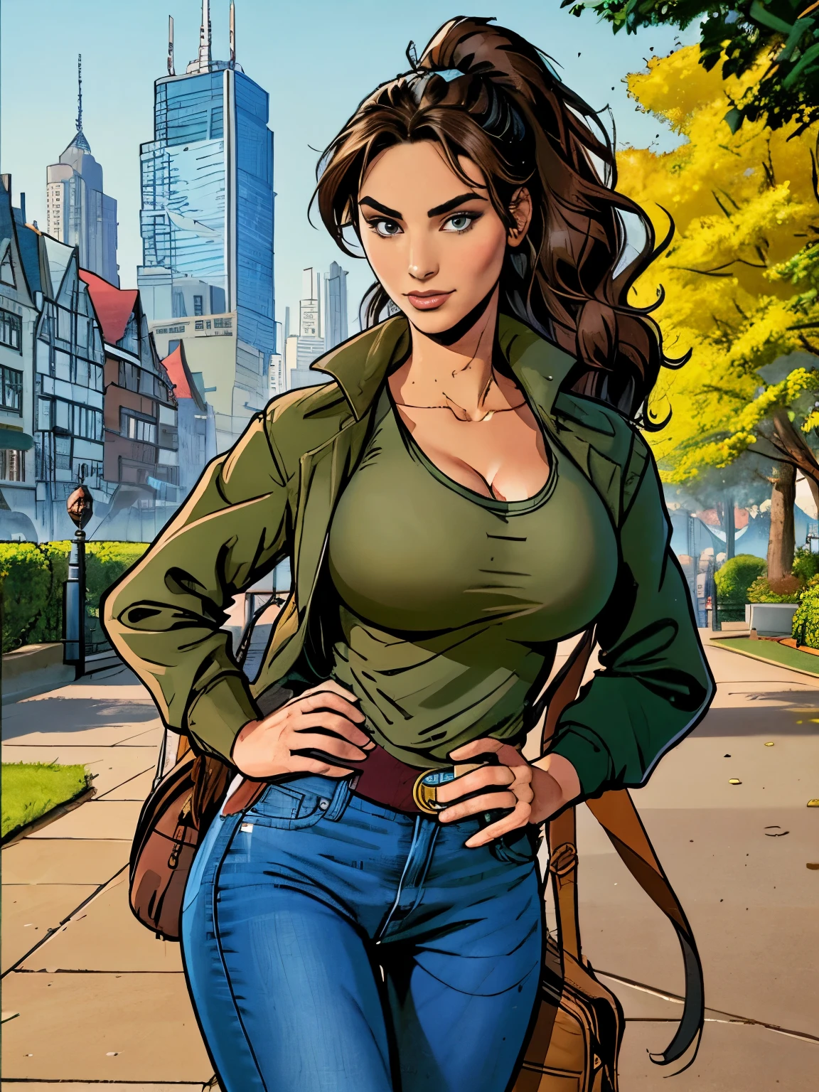 (masterpiece, top quality, best quality, official art, beautiful and aesthetic:1.2), (1girl:1.3), dark brown hair pulled back, elegant updo, extremely detailed, portrait, looking at viewer, facing viewer, solo, (full body:0.6), detailed background, close up, kindly eyes, (warm summer park theme:1.1), busty woman, charlatan, smirk, mysterious, long hair, huge ponytail, slim, thin, athletic, womanly, elastic woman, dark green jacket, tank top, blue jeans, hair bandana, camera bag, brunette, city, heroic, cheerful, city exterior, park, street, daylight, soft lighting, natural lighting, athletic, strong, slim waist, slim hips, long legs, muscular legs, modern (city park exterior:1.1) background, bright mysterious lighting, shadows, magical atmosphere, dutch angle, (Abigail Shapiro)