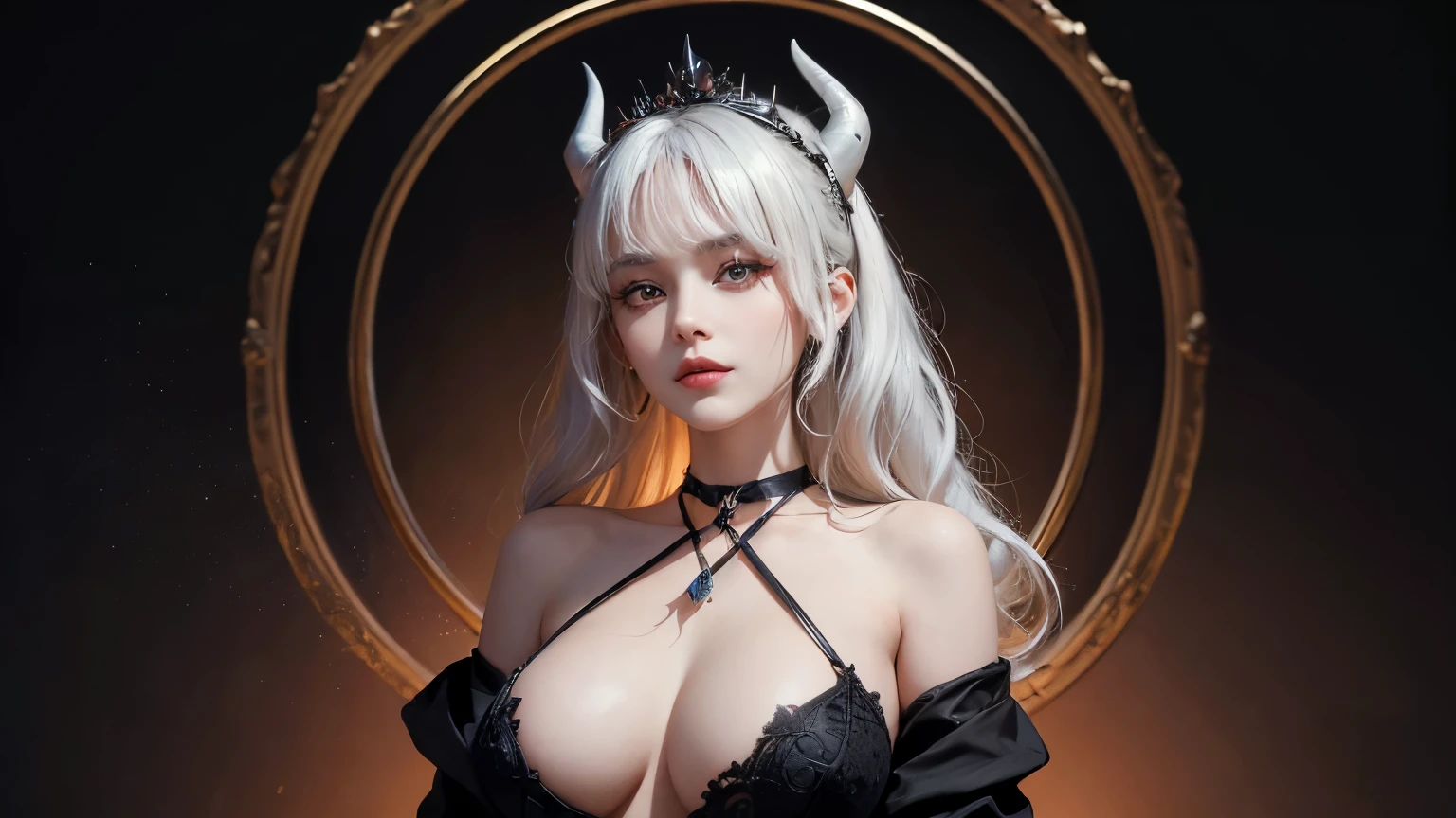 In a masterful display of artistic prowess, Lucifer from Helltaker emerges as the focal point of a hyper-realistic 8K human portrait. Clad in a formal suit featuring a striking red shirt, black pants, and a matching black necktie, she commands attention with her serene expression and captivating smile, her gaze fixed directly upon the viewer. The oval-shaped contours of her face, adorned with high cheekbones and a refined nose, exude an aura of elegance and sophistication. Her eyes, almond-shaped and bewitching, mesmerize with their striking red crimson irises, framed by gracefully arched eyebrows and thick, voluminous lashes that curl upwards. Luxuriant waves of light-white hair cascade around her, catching the light in subtle platinum highlights, while her smooth, porcelain-like skin radiates a subtle glow, suggesting vitality and allure, an elegant mix of botanical and geometric patterns that enhance her already captivating presence. Her attire, a black dress accentuated by a matching choker around her neck, serves to underscore her beauty and sophistication. Standing tall and confident, Lucifer possesses very large bosoms, fitting into an I-sized cup, which accentuate her figure and add to her allure. Rendered with meticulous attention to detail and realism, this portrait captures every nuance of Lucifer's appearance, from the delicate contours of her face to the subtle textures of her clothing and skin. Set against a deep matte black background, she stands as a timeless symbol of beauty and allure, her dynamic pose and perfect anatomy drawing the viewer into her world. This high-resolution masterpiece transcends mere artistry, offering a glimpse into the depths of Lucifer's character and personality. With its cinematic composition and meticulous attention to detail, it stands as a testament to the artist's skill and vision, a true masterpiece in every sense of the world. full body