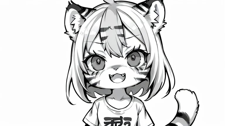 (masterpiece, High quality, Best quality, 8k, High resolution), ((chibii style, chibi cute)), (solo, 1  girl), {tiger girl, tiger face, 2 fangs, long eyelashes, eyeliner} {tiger whiskers}, (((Tiger skin all over the body, Tiger stripes on the body))), short hair, hair clip, [[hair clip white flower on hair]], ((very happy)), ((open mouth)), [black pupile], ((looking up)), (very small breasts), thin arms, (one Arm up, one arm down), armpits, ((mini T-shirt, full white T-shirt)), {white shorts}, {{{mini tiger Tail, Tail on the back}}}, (full body), (((standing, jumping chopped angle))), dynamic pose, white background, simple background, ((((Tora-chan no Hanayome style)))), ((monochrome color, grayscale)), (old anime 40s style), anime style, manga color.
