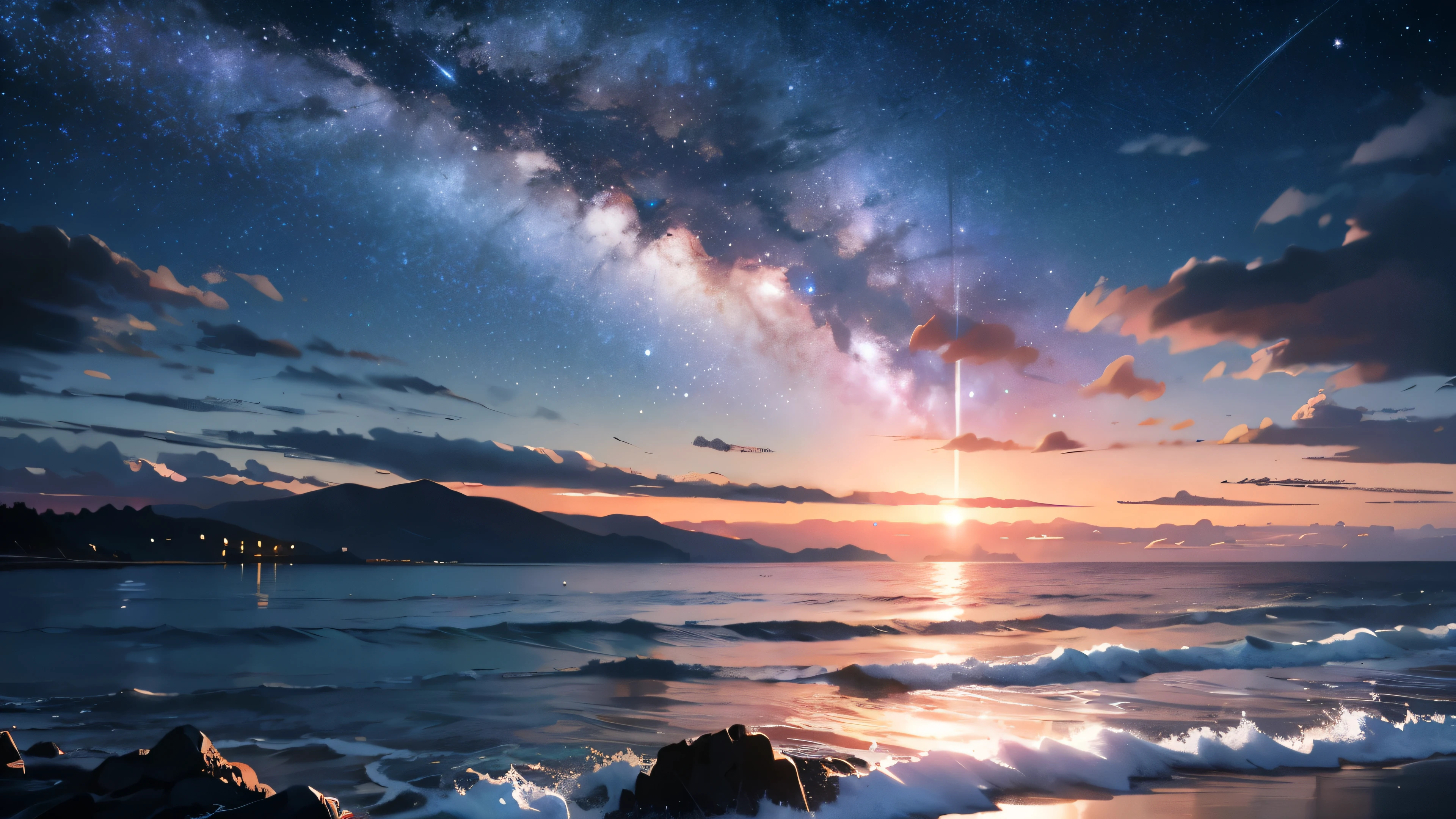under the starry sky、Breathtaking scenery of tranquil sea, Ultra-realistic 8KCG expression, Dramatic shadows cast by moonlight on the water surface, The stars reflected on the waves sparkle、perfectly lit scene, The exquisite features of the crescent moon and the constellations above it, The reflections of the stars create intricate patterns on the sea surface., Perfect harmony between nature and the universe, The majestic beauty that unfolds as the night progresses, Top Photography Masters Award Winners, Particles of light surround each star, Detailed texture expressing ripples on the water surface, 8K resolution revealed