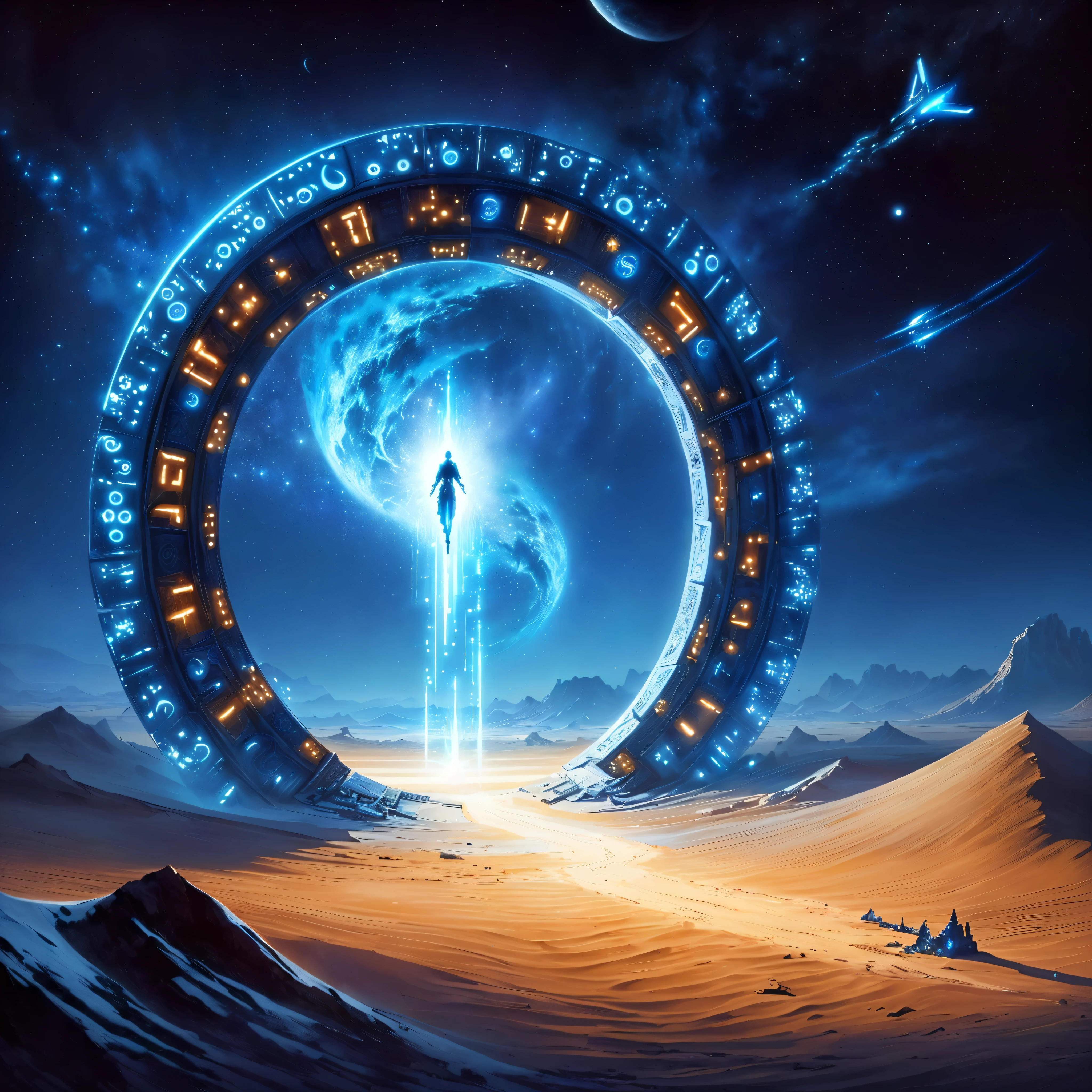 An artistic painting inspired by the Starket series, of a star gate. A woman is trying to cross a place that does not resemble Earth. The woman is raised in the sky. Lack of gravity. The gate is decorated with luminous talismans and a strange language in blue. The gate is very huge, an empty desert.