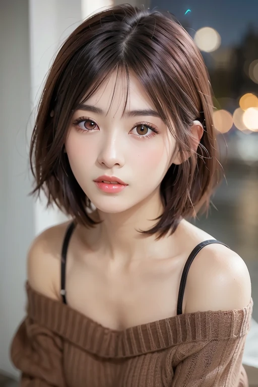 (Top quality masterpiece:1.2) Delicate illustrations, Very detailed, /Beautiful Japanese Woman、1 person,Very cute and slim、Excellent style 、((8K images、super high quality))、Very delicate face, Beautiful forehead、Beautiful thighs、Bright red lipstick,(((((Middle Hair、Light brown hair、Blonde hair))))),very cute、Kind eyes,((((Off-the-shoulder sweater))))、starry skies、Tokyo night view