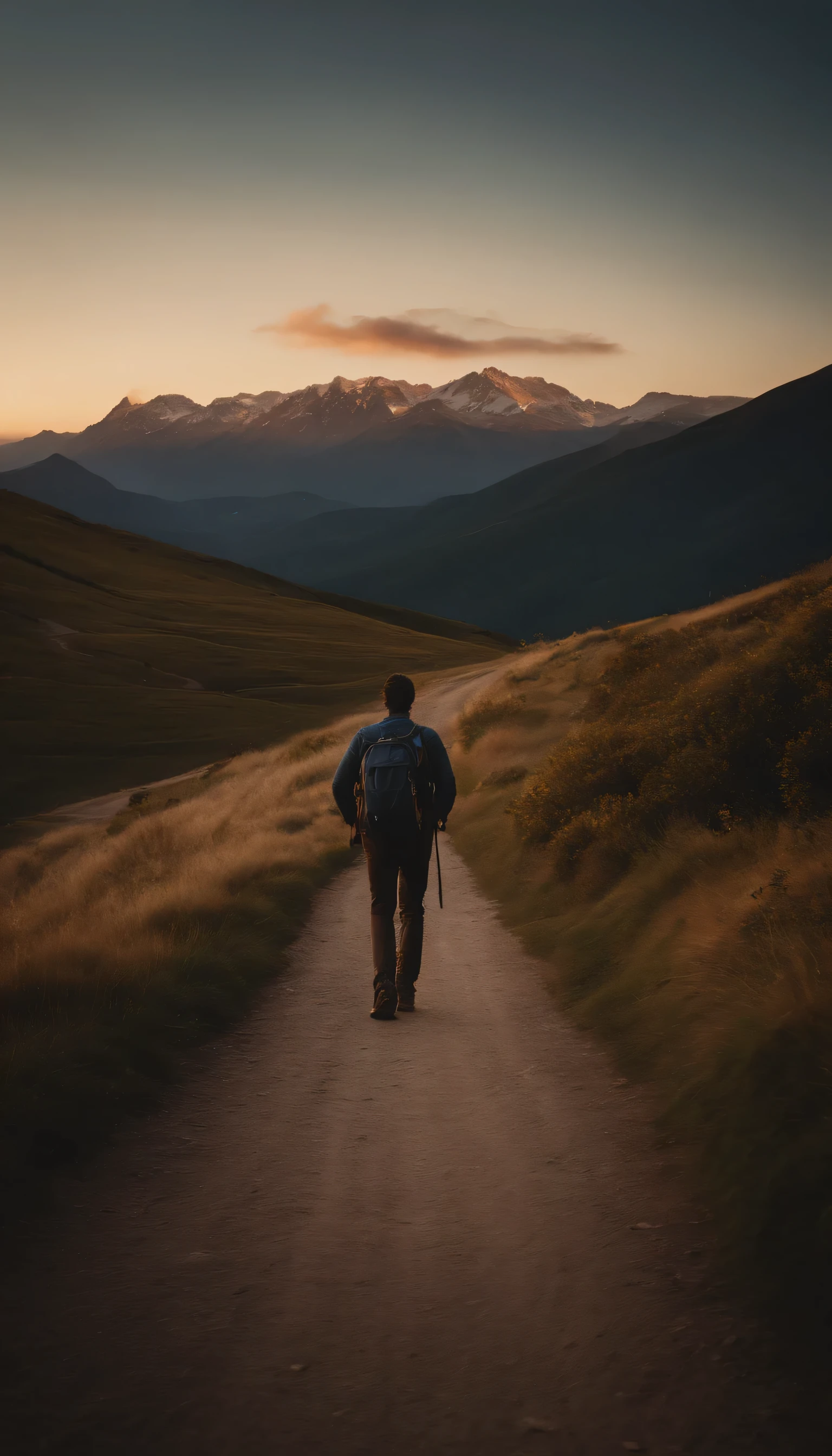 a man walking down a road towards a mountain at sunset, walking away from the camera, walking away from camera, a wanderer on a mountain, man walking, going forward to the sunset,  human walking, time to climb the mountain path, walking away, traveling through the mountains, a man wearing a backpack, the journey of life, walking towards camera