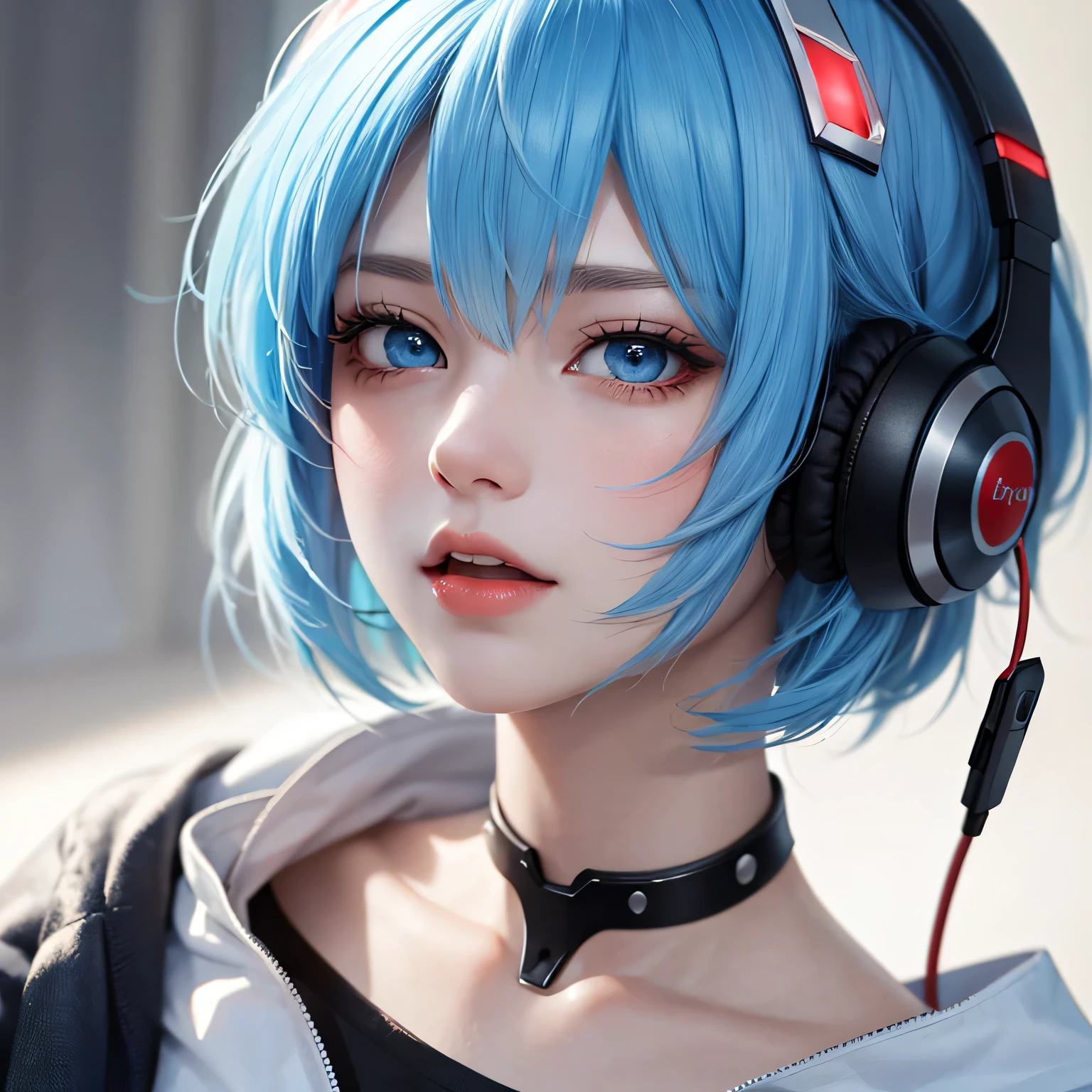 masutepiece, Best Quality, 8K, Detailed skin texture, Detailed Cloth Texture, Beautiful Detail Face, intricate detailes, ultra-detailliert, Portrait of Rei Ayanami, Blue hair, Blue eyes,Wearing headphones,One Girl,Singing