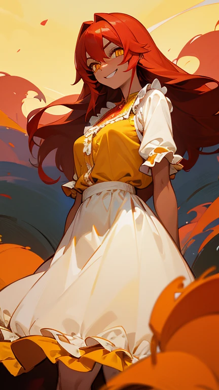 tanned skin, well-built woman, long red hair, yellow eyes, moe fang, smiling, squinted eyes, jovial expression, human, vibrant landscape, calm pose, scarred face, frilly blouse, modest frilly dress, well-toned body, slight muscle, adult body, dominant, facial scars