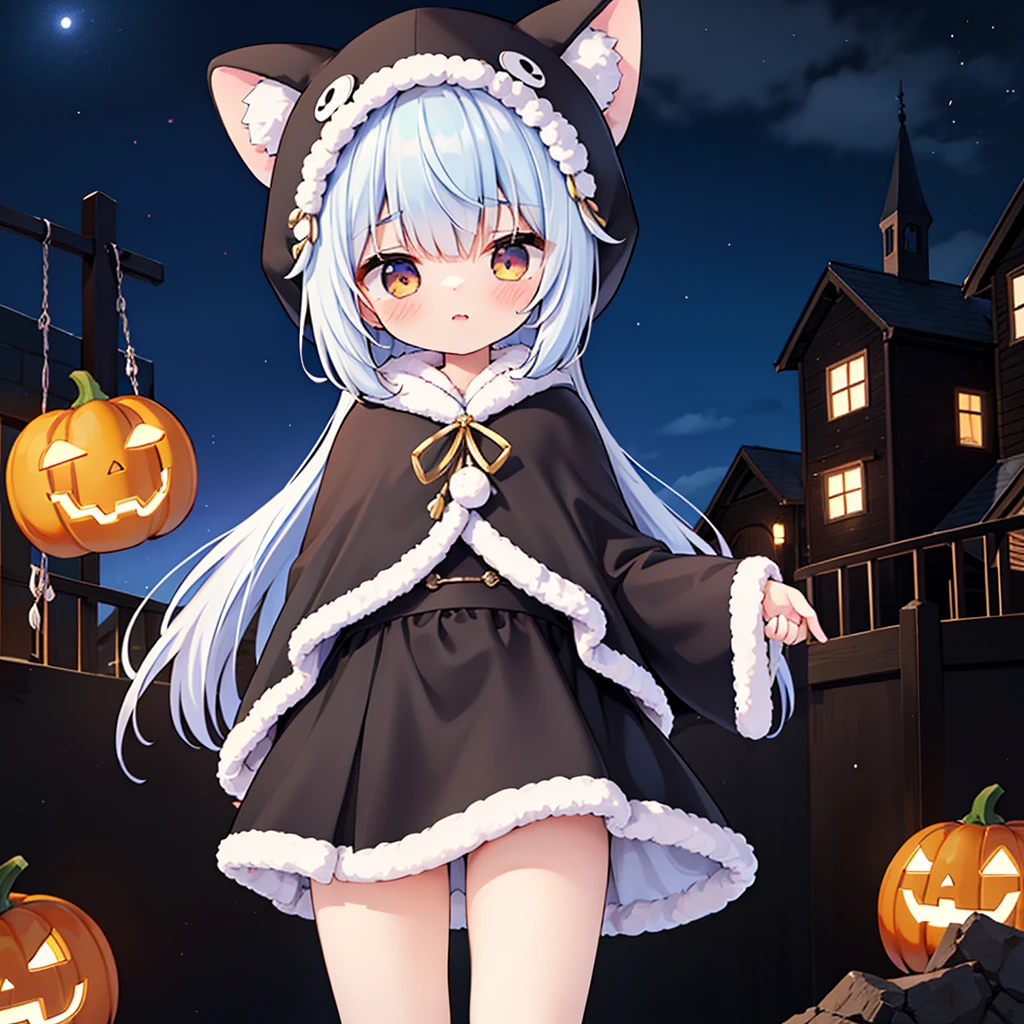 masterpiece,best quality,ultra-detailed,
1girl,solo,kyouka,cute,(li:1.5),walking,full shot,straight on,ᗜ ‸ ᗜ,short stature,in front of haunted house,halloween,black capelet,black dress,black skirt,fur-trimmed hood,fur-trimmed capelet,fur-trimmed dress,hooded capelet,fur-trimmed skirt,fur-trimmed sleeves,hood up,long sleeves,wide sleeves,yellow bow,
pumpkin lantern,night,
