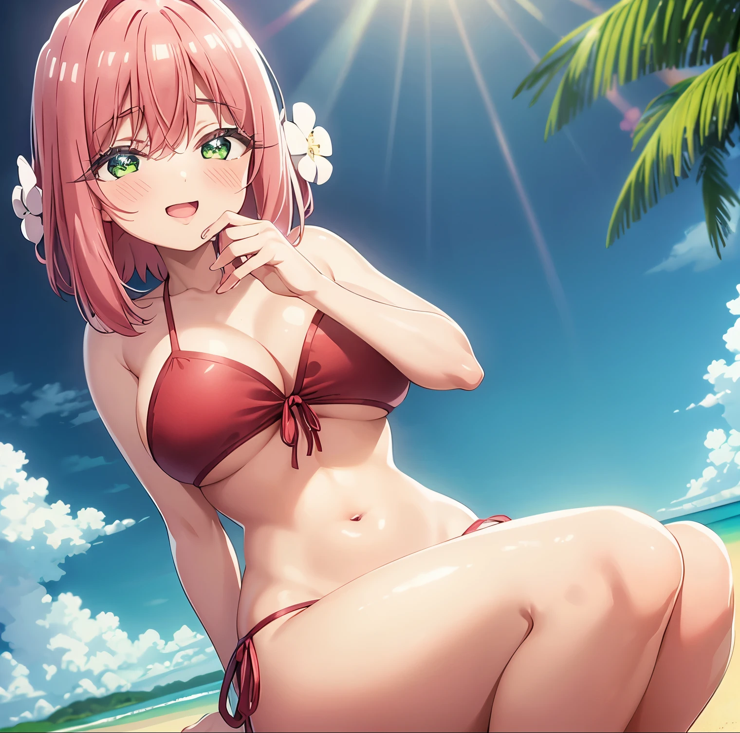 1 girl, alone, hanazono hakari, masterpiece, best quality, 1 girl, Hikari, short hair, pink hair, green eyes, (hair flower: 1.1), hair ornament, (red bikini:1.2), red bra , red thong, barefoot, smile, blushing, blushing nose, open mouth, sitting in the sand, open legs, leaning forward, beach, sea, rays of light, perfect hands, perfect anatomy, from behind, looking at the viewer, from front, point of view (from below), large breasts, medium waist, wide hips, medium thighs, round butt,