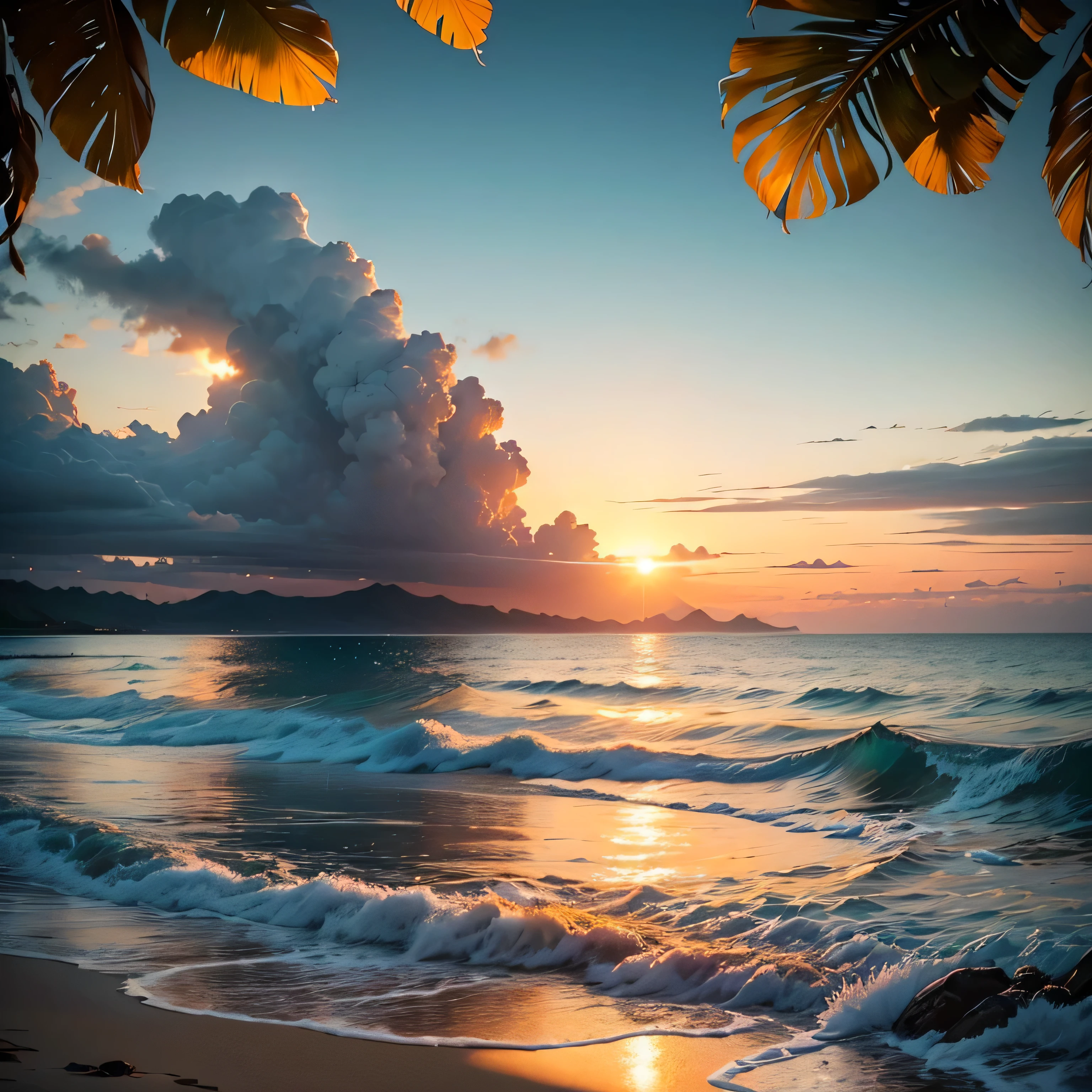 Beautiful lush beach. The shell is white、Soft shiny、 Wrapped in white foam and tiny water droplets. with the sun setting on the horizon, Painting the sky orange and gold, Its reflection shines on the sea surface.. The beach is small, The surrounding landscape is lush and green, With coconut trees, Tropical plants and distant mountains々. Create images that capture serenity, Natural beauty、 Ocean and Beach, In a magical scene in the late afternoon."