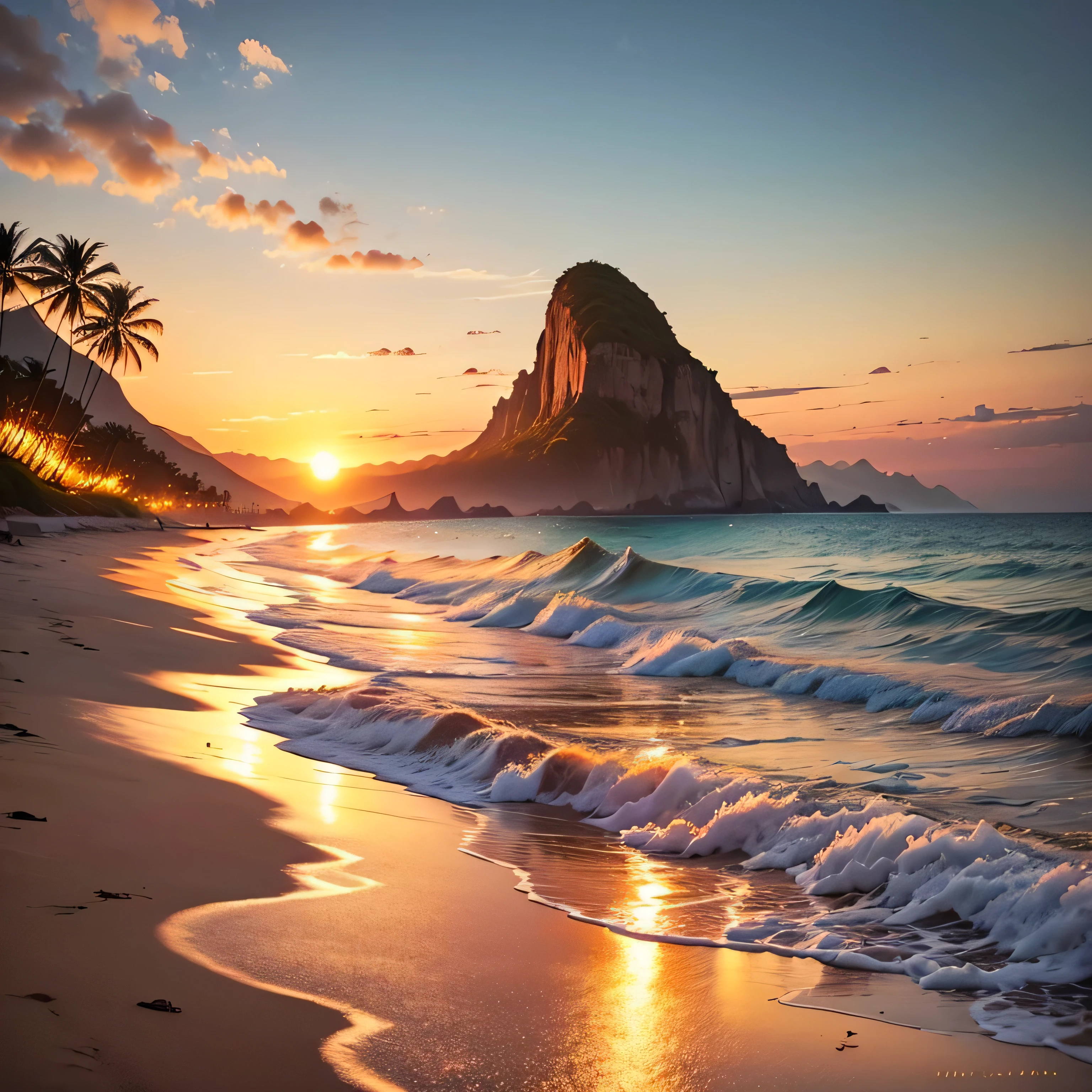 Beautiful lush beach. The shell is white、Soft shiny、 Wrapped in white foam and tiny water droplets. with the sun setting on the horizon, Painting the sky orange and gold, Its reflection shines on the sea surface.. The beach is small, The surrounding landscape is lush and green, With coconut trees, Tropical plants and distant mountains々. Create images that capture serenity, Natural beauty、 Ocean and Beach, In a magical scene in the late afternoon."