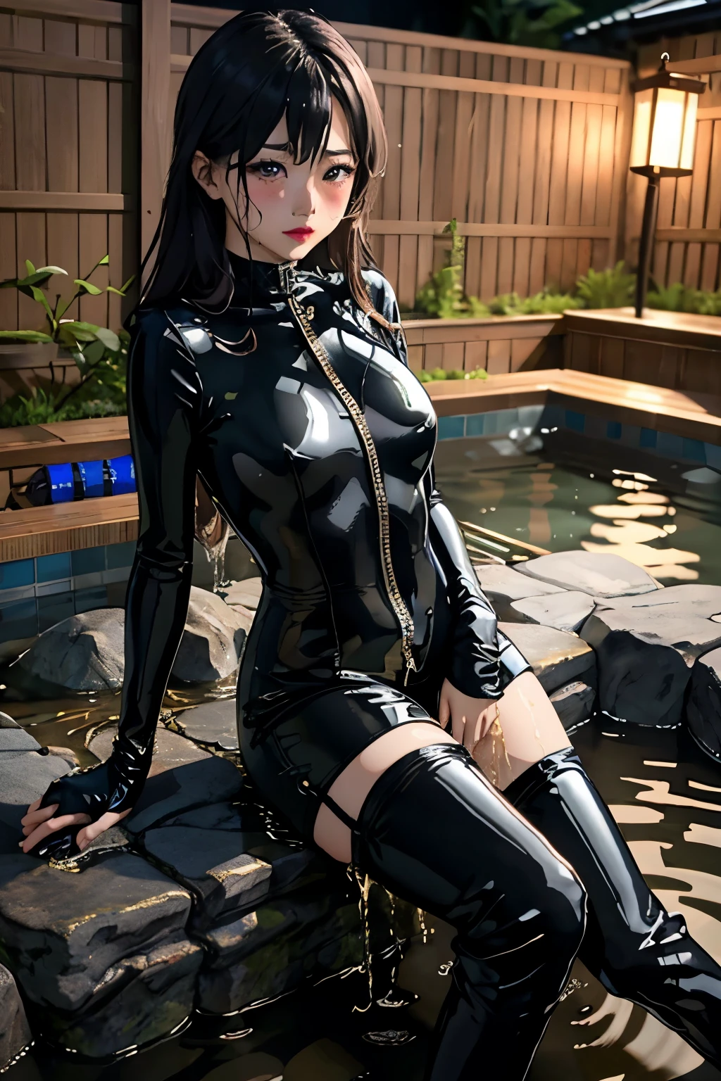 anime, best quality, high quality, highres, beautiful women, high detail, good lighting, lewd, hentai, (((black leather catsuit shorts))), (((leather thigh high boots))), black leather gloves, bare thighs, bare arms, (((wetting herself))), (((peeing herself))), (((peeing self))), (pee streaming down legs), peeing stain, (puddle), (thick thighs), nice long legs, lipstick, detailed face, pretty face, embarrassed blushing face, humiliated, ((in outdoor onsen bathing)), hihelz