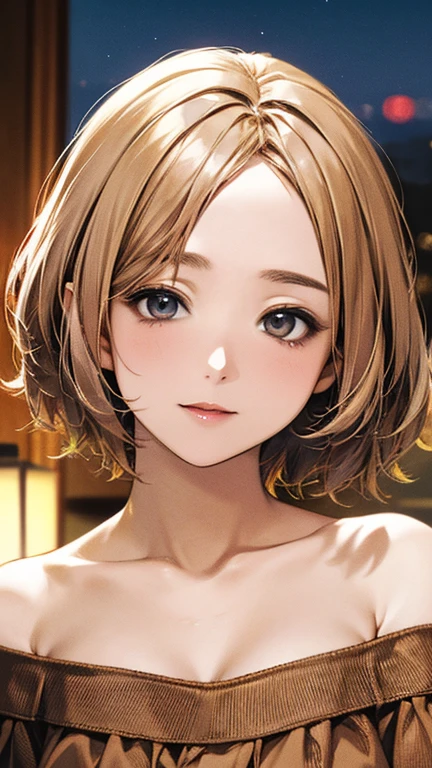 (Top quality masterpiece:1.2) Delicate illustrations, Very detailed, /Beautiful Japanese Woman、1 person,Very cute and slim、Excellent style 、((8K images、super high quality))、Very delicate face, Beautiful forehead、Beautiful thighs、Bright red lipstick,(((((short hair、Light brown hair、Blonde hair))))),very cute、Kind eyes,((((Off-the-shoulder knit))))、starry skies、Tokyo night view
