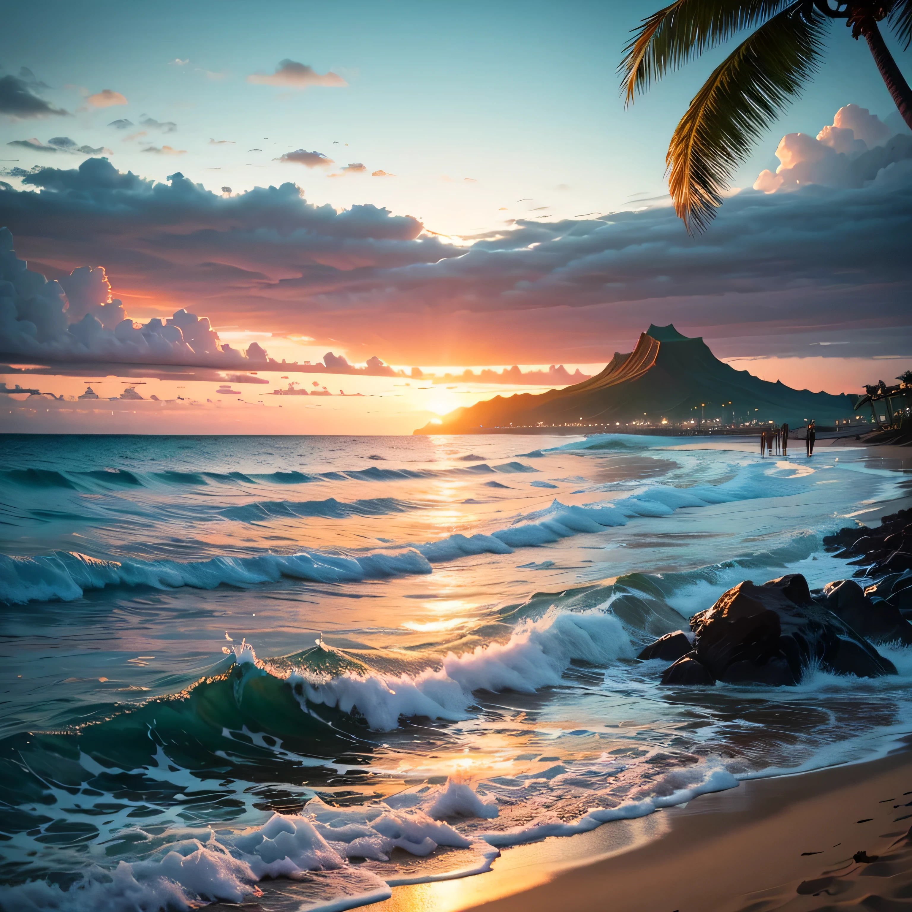  Beautiful lush beach. Hawaii、Waikiki Beach、Soft shiny、 Wrapped in white foam and tiny water droplets. with the sun setting on the horizon, Painting the sky orange and gold, Its reflection shines on the sea surface.. The beach is small, The surrounding landscape is lush and green, With coconut trees, Tropical plants and distant mountains々. Create images that capture serenity, Natural beauty、 Ocean and Beach, In a magical scene in the late afternoon."  