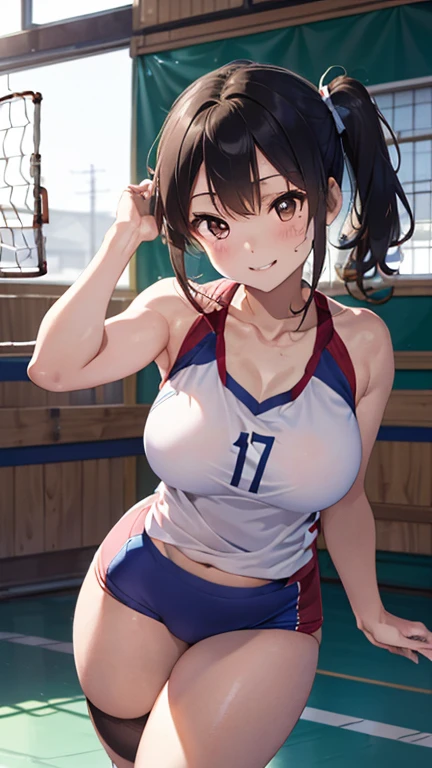 ((((Perfect Anatomy, Anatomically correct, Very detailedな肌)))), 1 girl, Day in Japanese, 16 years old, Volleyball Player, Shiny skin, Take in the view, 
 Beautiful Hair, Beautiful Face, Beautiful fine details, Brown eyes, (Long Hair:1.7, Side Ponytail:1.5), Baby Face, Mole under the eye, 
 Beautiful clavicle, Beautiful body, Beautiful breasts, Beautiful thighs, Beautiful feet, Large Breasts:0.5, Captivating thighs, Camel Toe, Bare arms, bare hands, Bottomless, 
 ((Symmetrical Clothing Metallic)), (((Bloomers), Sleeveless volleyball uniform)), break, 
 smile, Volleyball pose, A diving receive
 (Beautiful views), evening, Day, ((Volleyball Gymnasium, Volleyball court)), 
 (8k, highest quality, Masterpiece​:1.2, Very detailed), (Realistic:1.2), Beautiful illustrations, Natural light,