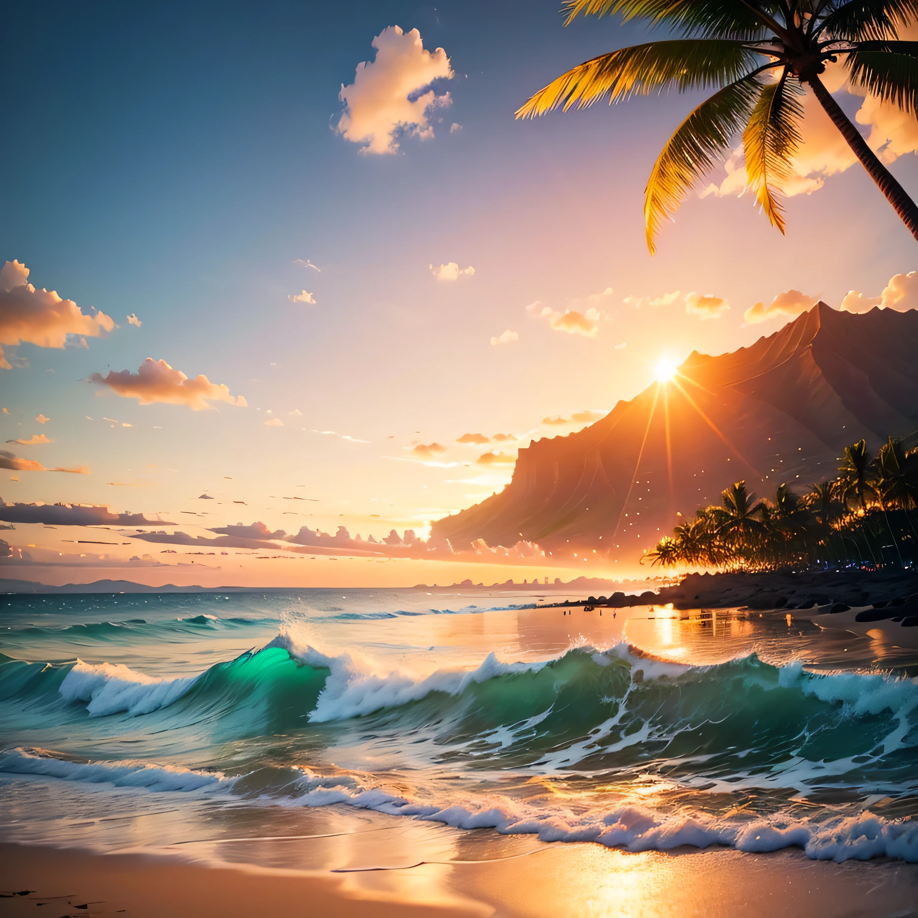 Beautiful lush beach. Hawaii、Waikiki Beach、Soft shiny、 Wrapped in white foam and tiny water droplets. with the sun setting on the horizon, Painting the sky orange and gold, Its reflection shines on the sea surface.. The beach is small, The surrounding landscape is lush and green, With coconut trees, Tropical plants and distant mountains々. Create images that capture serenity, Natural beauty、 Ocean and Beach, In a magical scene in the late afternoon."