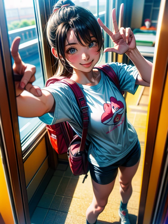 Railway YouTuber, Selfie, Cute Hong Kong girl captured on GoPro camera, 田舎で鉄道駅舎をバックにSelfie, Wearing a T-shirt with a character on it, Hiker Style, Carry a backpack, smile, Sharp soft lighting, Fisheye Lens,