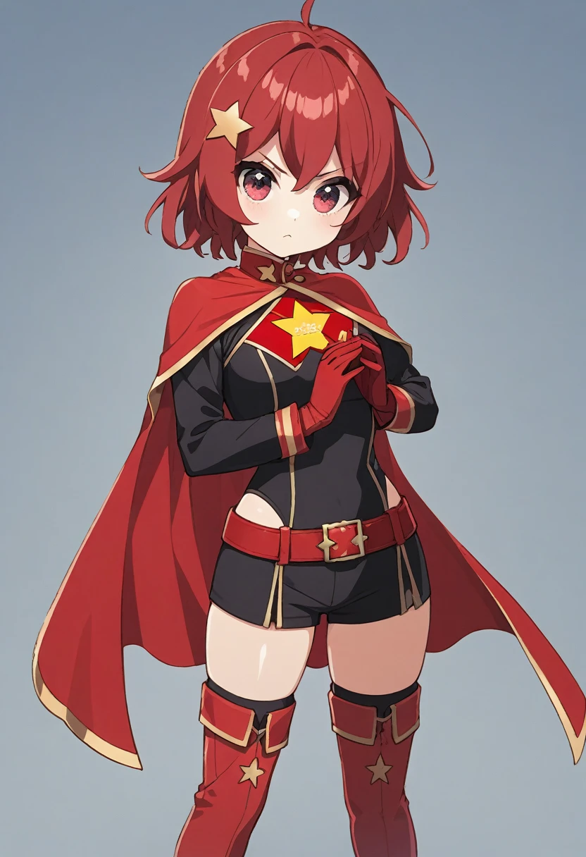 The super heroine Five-Star Red Flag Star wears a tight-fitting uniform with the Chinese Five-Star Flag logo, a cape, long red gloves on both hands, and a pair of red over-the-knee boots on both feet. The camera shows a full body portrait in a standing position.
