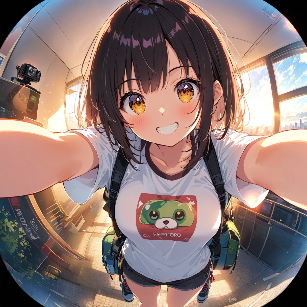 Railway YouTuber, Selfie, Cute Hong Kong girl captured on GoPro camera, 田舎で鉄道駅舎をバックにSelfie, Wearing a T-shirt with a character on it, Hiker Style, Carry a backpack, smile, Sharp soft lighting, Fisheye Lens,