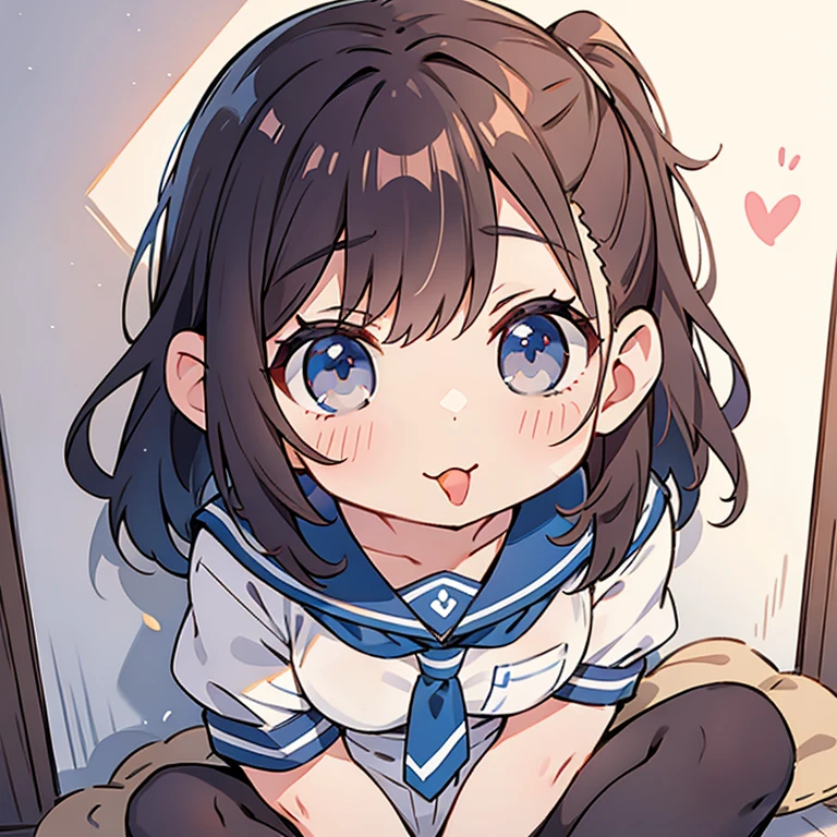 SoraBase, long hair, star hair ornament, hair ribbon, blue eyes, blue vest, sleeveless shirt, red ribbon, ,(masterpiece),(best quality),(ultra-detailed),(best illustration),(best shadow),(absurdres),(detailed face),(very aesthetic),1girl,dim lightning,in backroom,in heat,horny,looking at viewer,heavy breath,shiny skin,sweat,,,aged up,, teary-eyed,,kneeling,,open vest,open shirt,cupping hands, solo focus, own hands together,open mouth,tongue out,uvula,palm,hands on own chin,