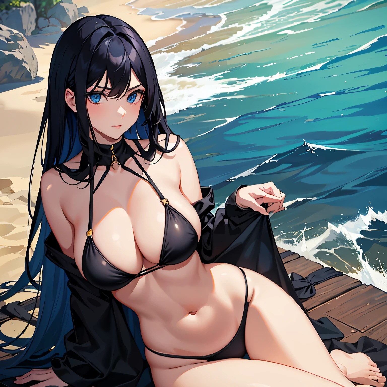 Beautiful woman with black hair cascading down her shoulders and captivating blue eyes, voluptuous figure accentuated by a curvaceous big butt, clad in a seductive red bikini, tied playfully by a rope, ultra-detailed and realistic rendition, masterpiece quality, 4K resolution, HDR lighting, vibrant colors, sharp focus, bokeh effect, atmospheric, clean lines, physically-based rendering, ultra-fine painting, professional detail, sitting in a provocative pose on a sandy beach.