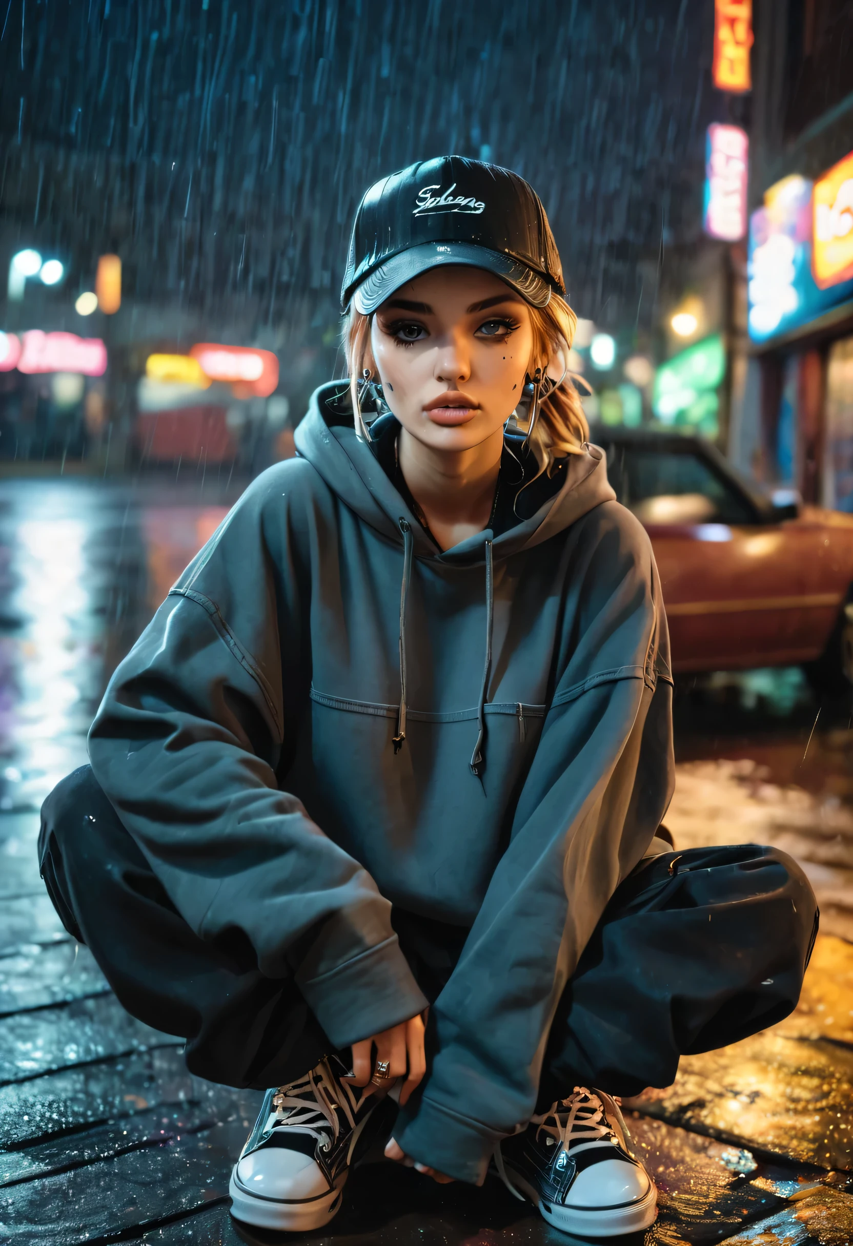 create a blank faded black washed hoodie, retro baggy, 90s, with a trucker hat on, beautiful female thin face, piercings on face, loose fit, baggy, pretty eyes, hoodie, skater night life in background, rain, sitting on ground legs crossed, hoodie jaw string tied in a knot, cargo pants