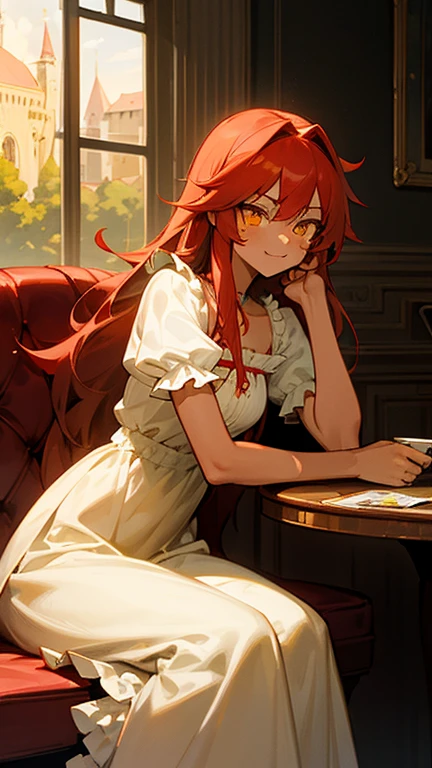 tanned skin, well-built woman, long red hair, yellow eyes, moe fang, human, vibrant landscape, calm pose, scarred face, frilly blouse, modest frilly dress, well-toned body, slight muscle, adult body, dominant, facial scars, indoors, castle, drinking tea, sitting at a table