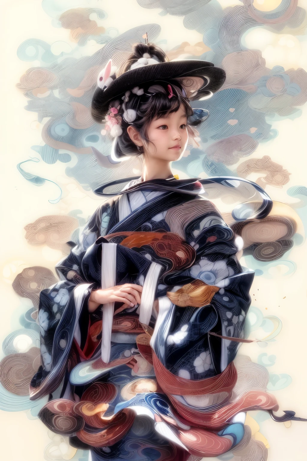 A 14-year-old Japanese girl wearing a yukata、On a cream background、Sky blue yukata、A yukata with a white rabbit pattern、Black hair style、The shape of Chinese characters

