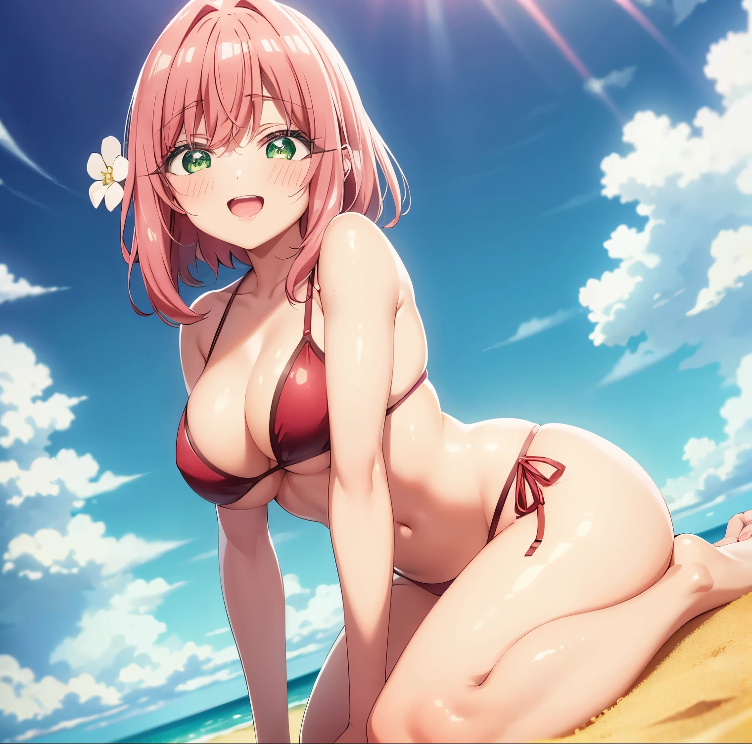1 girl, alone, hanazono hakari, masterpiece, best quality, 1 girl, Hikari, short hair, pink hair, green eyes, (hair flower: 1.1), hair ornament, (red bikini:1.2), red bra , red thong, barefoot, smile, blushing, blushing nose, open mouth, sitting in the sand, open legs, leaning forward, beach, sea, rays of light, perfect hands, perfect anatomy, from the front, looking at the viewer, front, point of view (from below), large breasts, medium waist, wide hips, medium thighs, round butt,