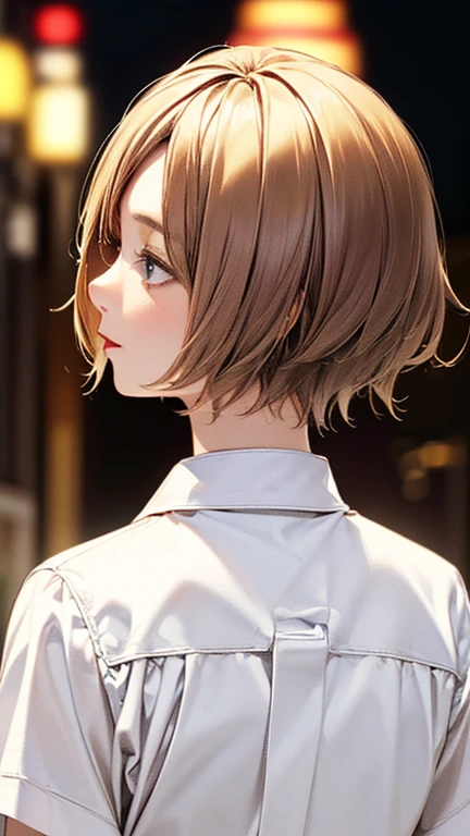 (Top quality masterpiece:1.2) Delicate illustrations, Very detailed, /Beautiful Japanese Woman、1 person,Very cute and slim、Excellent style 、((8K images、super high quality))、Very delicate face, Beautiful forehead、Beautiful thighs、Bright red lipstick,(((((short hair、Light brown hair、Blonde hair))))),very cute、Kind eyes,((((Back size white shirt))))、starry skies、Tokyo night view