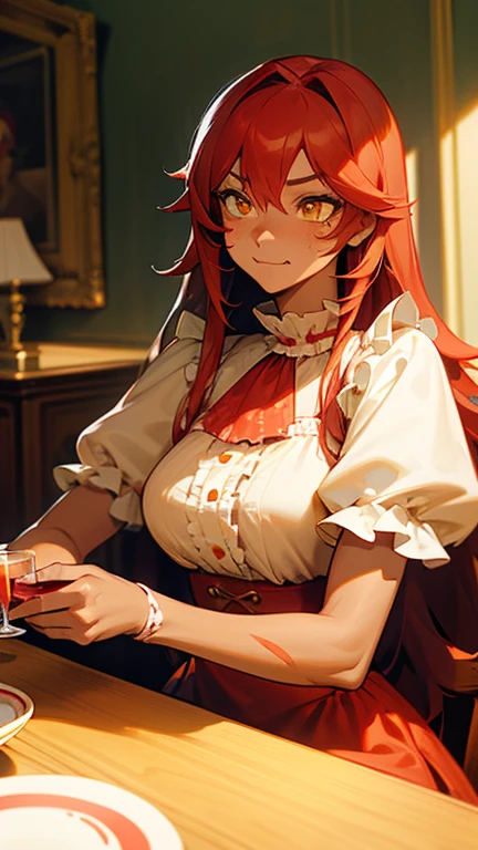 tanned skin, well-built woman, long red hair, yellow eyes, moe fang, human, vibrant landscape, calm pose, scarred face, frilly blouse, modest frilly dress, well-toned body, slight muscle, adult body, dominant, facial scars, indoors, castle, drinking tea, sitting at a table, muscular