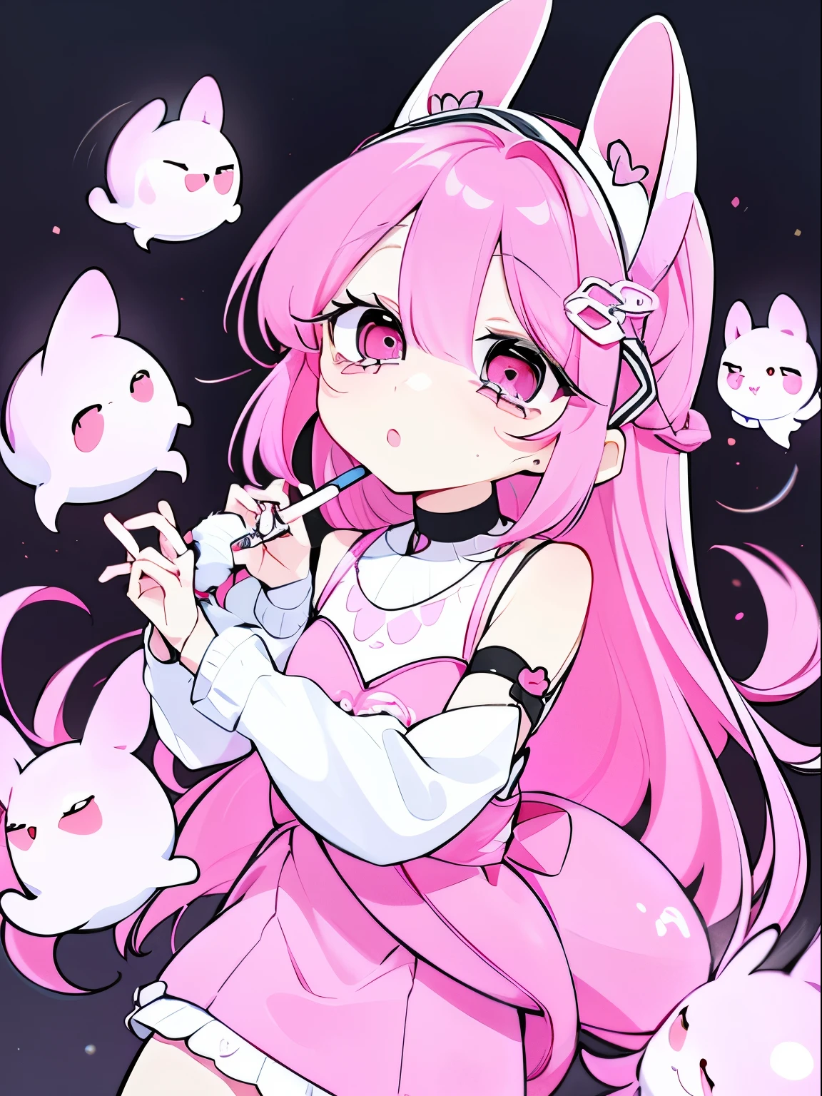 Pink Eyes、art、Character Painting、cute、Pink Hair、Long Hair、knit、Black rabbit ears、Whole Body Ezbian、White Background、Young 