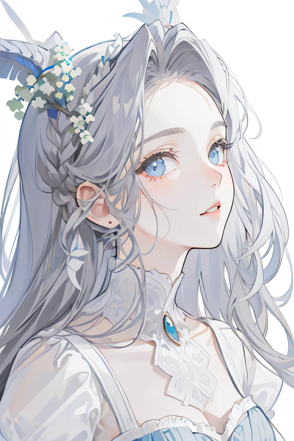 Pixies, lily of the valley, ethereal forest girl, perfect anatomy, hanging jewels, pretty girl, amazing body, best proportions, european victorian red style dress, greek style, ancient goddess, (((((((white background))))))), ((((closeup face)))), looking at viewer, blue sky eyes, goldsn dark long hair curl