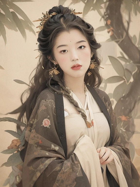 "Create an image of a young woman with long flowing hair, standing in a sunlit garden. Her face should be turned towards the sky, and delicate flowers should be leaning towards her in a graceful display of heliotropism."