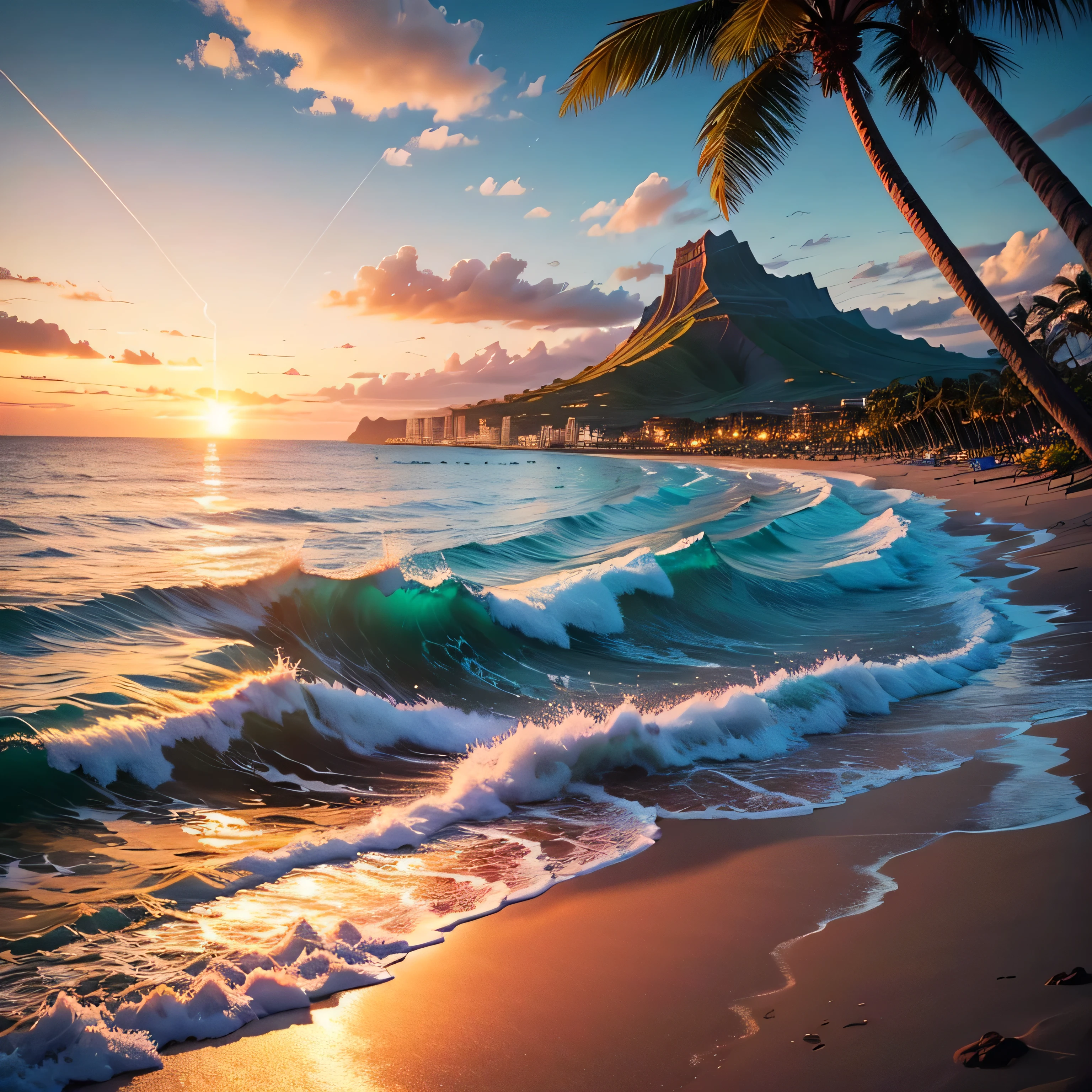 Golden Land 、Golden Sea、 Beautiful lush beach. Hawaii、Waikiki Beach、Soft shiny、 Wrapped in white foam and tiny water droplets. with the sun setting on the horizon, Painting the sky orange and gold, Its reflection shines on the sea surface.. The beach is small, The surrounding landscape is lush and green, With coconut trees, Tropical plants and distant mountains々. Create images that capture serenity, Natural beauty、 Ocean and Beach, In a magical scene in the late afternoon." Lens flare