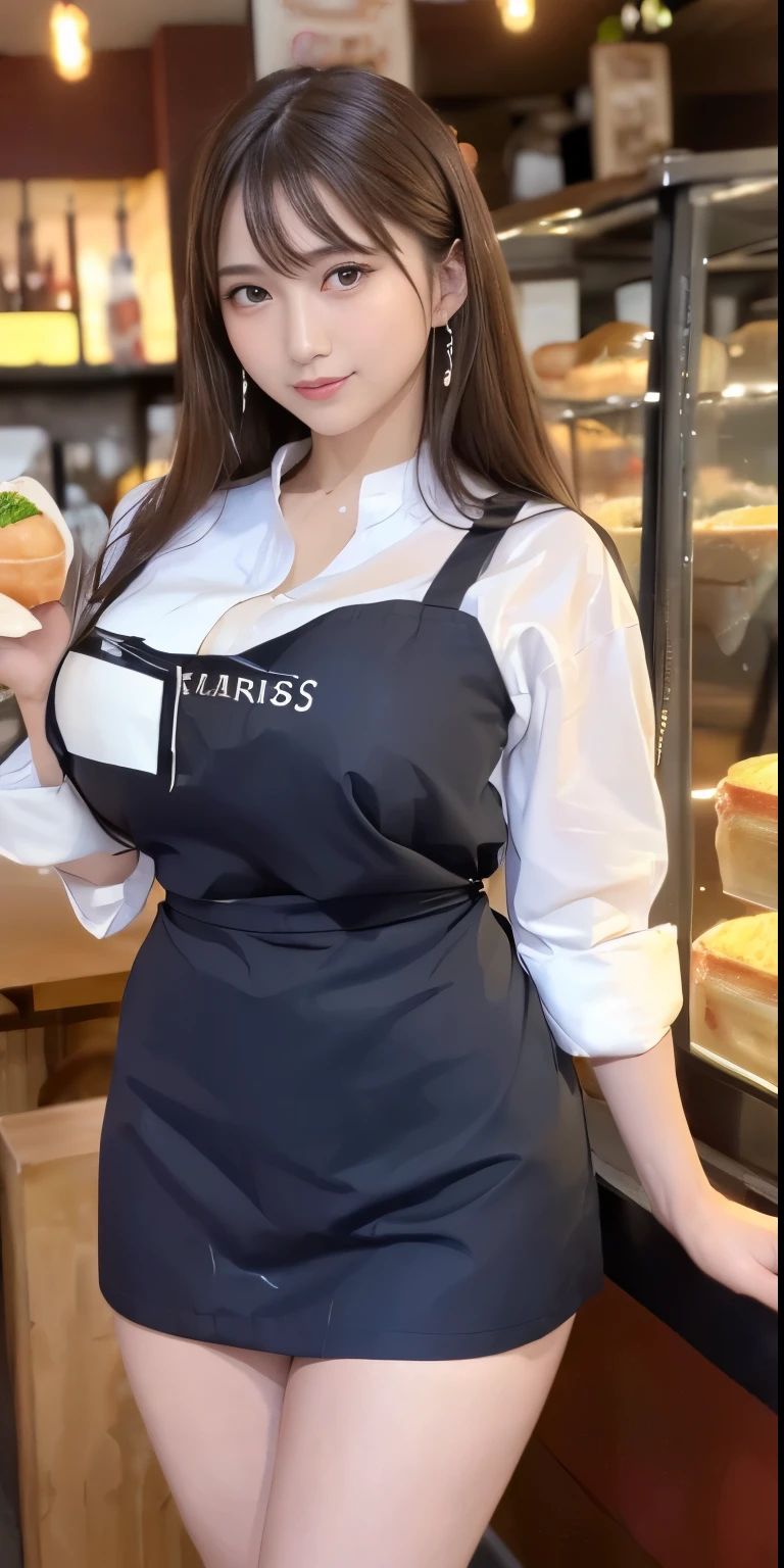 best masterpiece、highest quality、shape、Super detailed、High resolution、8K wallpaper、Perfect dynamic shape、beautiful and detailed eyes、natural color lip, Random sexy pose,very kind smile、17 year old girl、cute、expensive、(highest quality:1.3)、(masterpiece:1.3)、(The Super detailed:1.3)、(wallpaper, one girl:1.1)、(delicate hands and fingers:1.2)、(Detailed super oily shiny skin:1.1)、Beautiful and glossy thighs、(Sexy Restaurant Waiter Uniform:1.7)、(big breasts that hang down and firm:1.4)、slender body shape、brown hair head、(stable expression:1.5)、((Semi-long random hairstyle:1.3))、beautiful sister、(Model standing pose from the front:1.4)、sexy pose、(((Paris city cafeteria background:1.6)))、((Beautiful big breasts with firmness:1.5))、(beautiful double eyelids:1.3)、look at the camera、Pelvic expanse、perfect lighting、