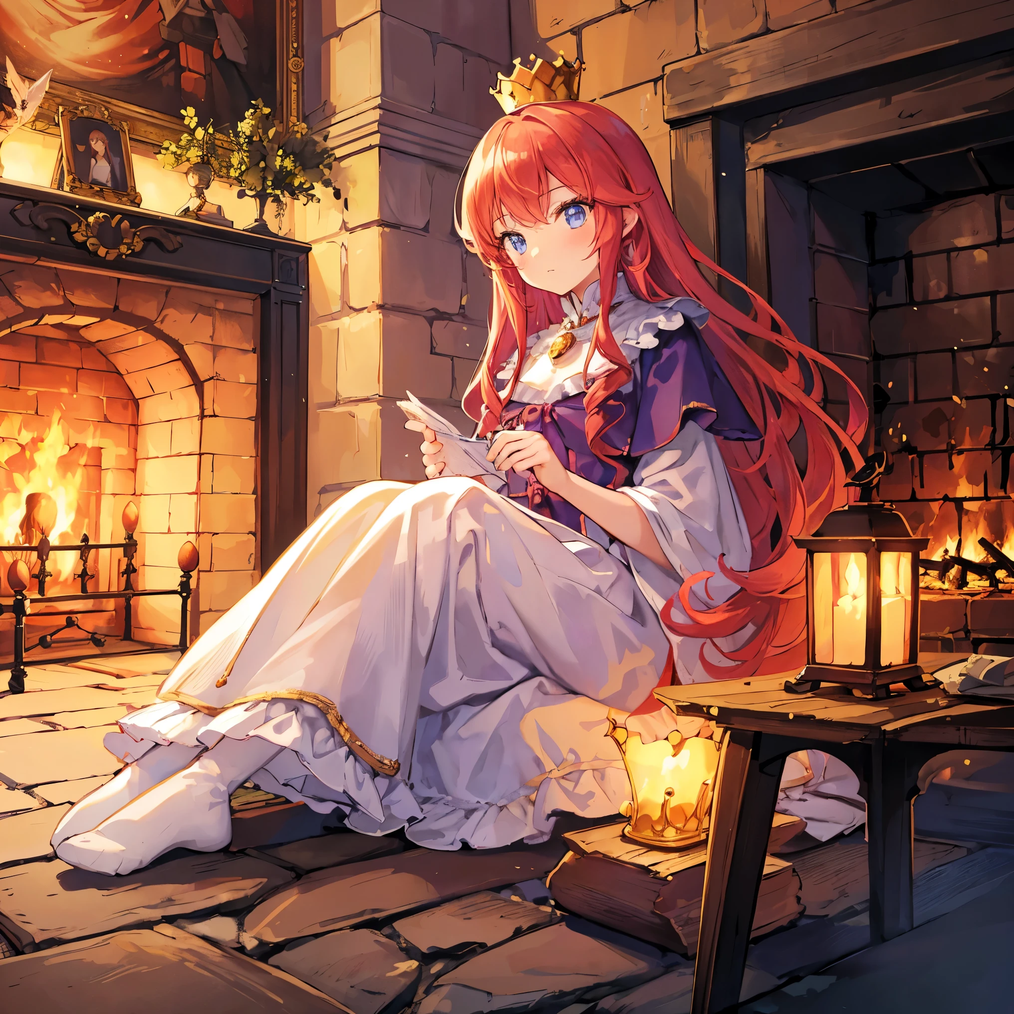 Beautiful illustration, best quality, cute girl, inside a castle, ((fireplace at background)), night illumination, pastel color, dark tones, long red hair, noble outfit, ((crown)), stoic facw, bright lighting, big eyes, ((sitting))