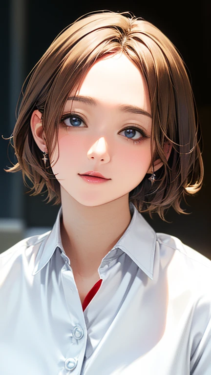 (Top quality masterpiece:1.2) Delicate illustrations, Very detailed, /Beautiful Japanese Woman、1 person,Very cute and slim、Excellent style 、((8K images、super high quality))、Very delicate face, Beautiful forehead、Beautiful thighs、Bright red lipstick,(((((short hair、Light brown hair、Blonde hair))))),very cute、Kind eyes,((((Big size white shirt))))、starry skies、Tokyo night view