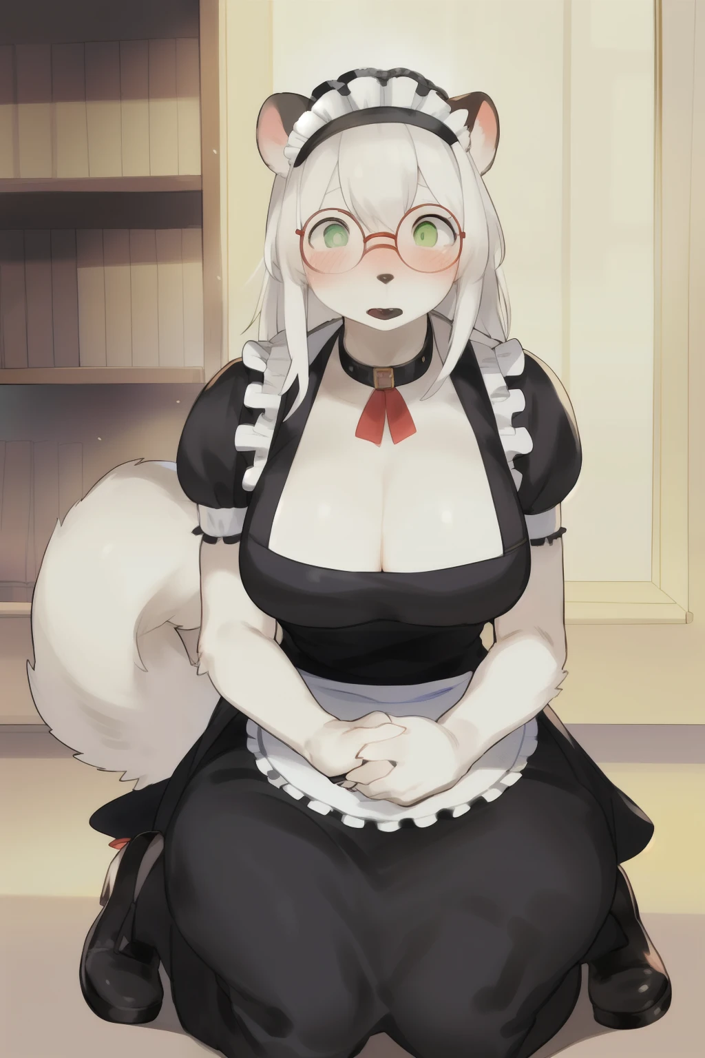 solo, female, round glasses, red glasses, cleavage, dress shirt, dress pants, surprised, short hair, black hair, canine, long snout, office, kneeling, white fur, collar, eyeliner, black lipstick, thick lips, by buta99, by bebebebebe, by suurin 2, by sindoll, by kishibe, by pgm300 skunk maid, full body, maid's outfit, maid's shoes, maid's hairstyle, maid's uniform, green eyes, furry, animal ears, maid, tail, white hair, blush, maid headdress, long hair, full body, colored skin, apron,freaky,giant and butt