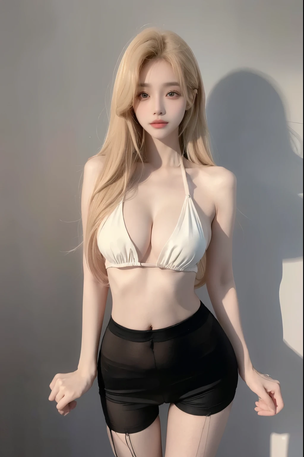 Beautiful woman with perfect body:1.4,Layered Hairstyle,Prominent cleavage,Highly detailed face and skin textures,Double eyelids,Skin Whitening,Long hair,Whitened long legs,blond,(Black pantyhose,Bikini)Standing on the sports field