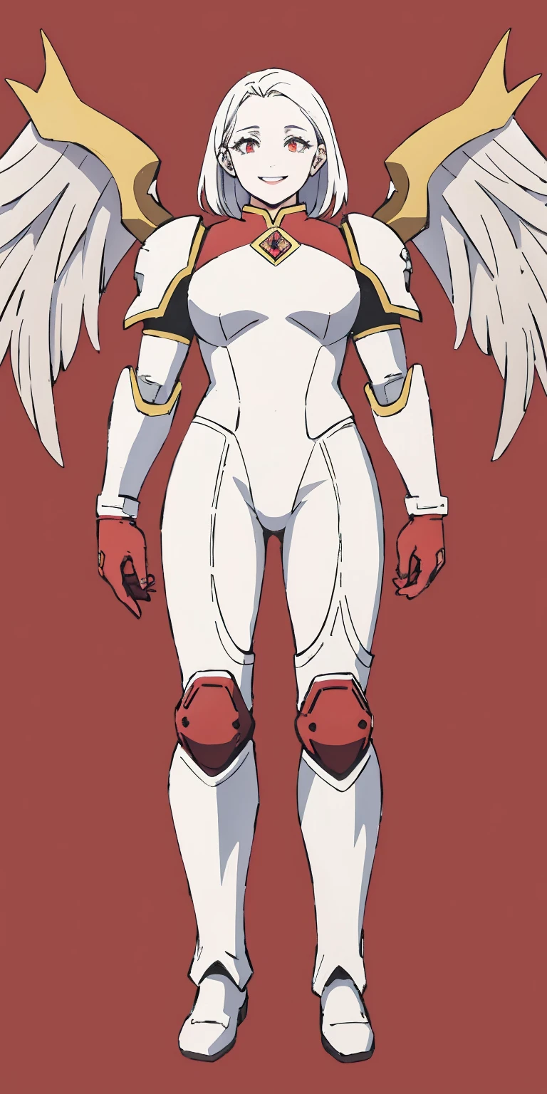 (masterpiece, best quality, 4k, 1girlsolo, 1MILF, mmplatz, smile, red cheeks, plain background:1.2), perfect face, perfect lighting, mature whsororitas with gloves red gauntlets in her hands like Cammy White from Street Fighter, bob white hair, warhammer 40k power armor suit, red eyes like rubies, full body armor, view from below, looking to the viewer