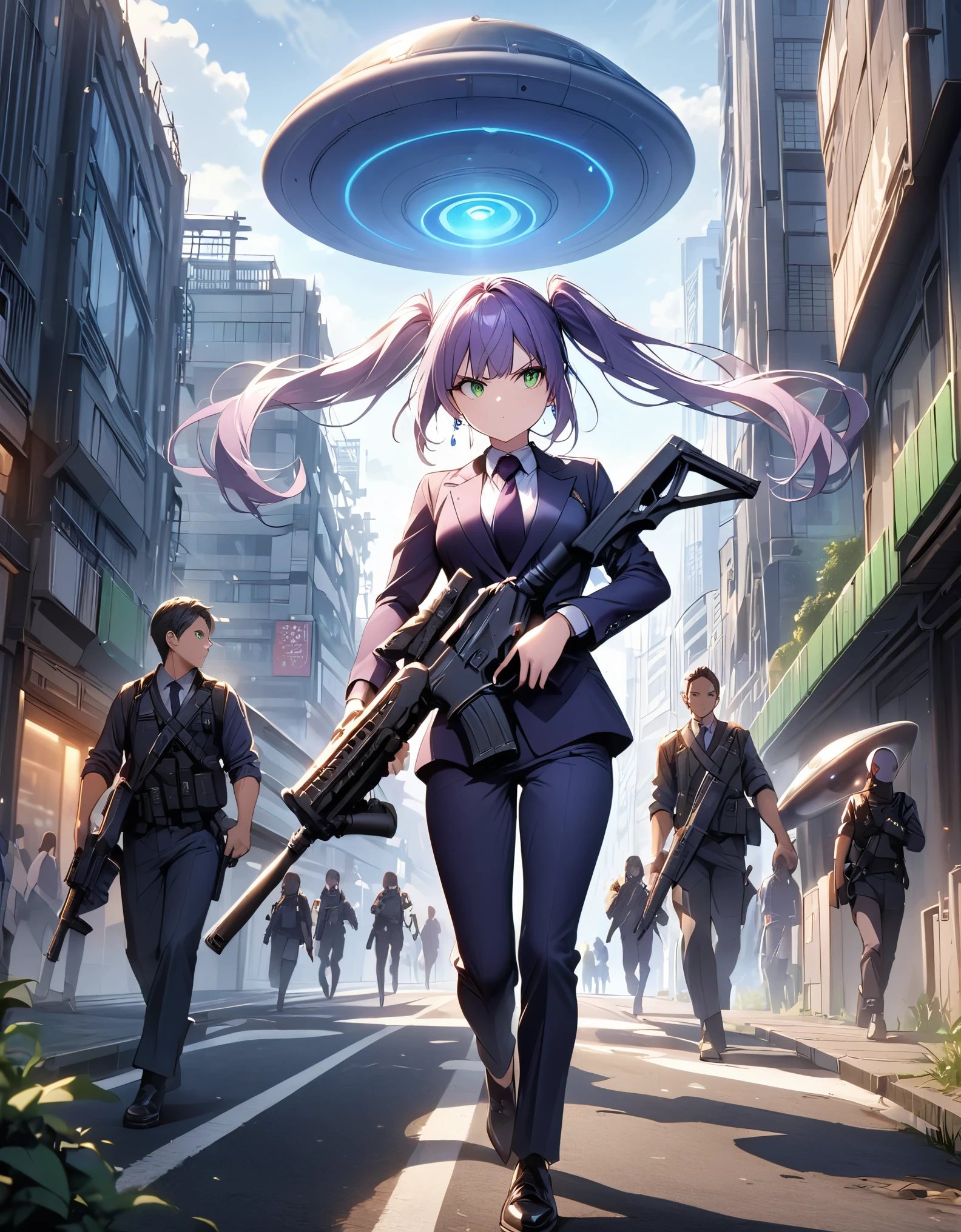masterpiece, best quality, highres, 1girl, solo, solo focus, purple hair, medium hair, twintails, green eyes, beautiful detailed eyes, beautiful detailed face, cute face, blue earrings. looking away, determined, serious at the ready. dark purple suit and tie, matching pants, slacks, black dress shoes. standing. tokyo city backdrop, outdoors. holding an assault rifle, trigger discipline. ufo floating at the sky. (ordinary citizens behind her running away for their lives).