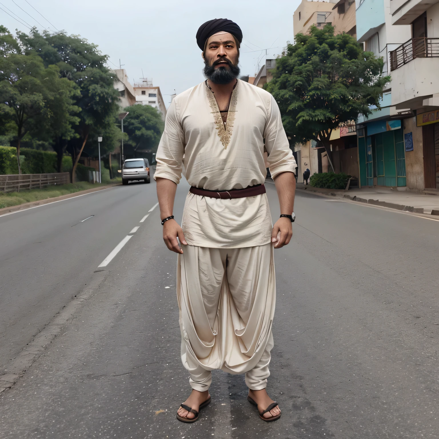 Make a cartoon with  normal body tall and with normal beard standing on road wearing shewar and kameez age 55 alone funny face