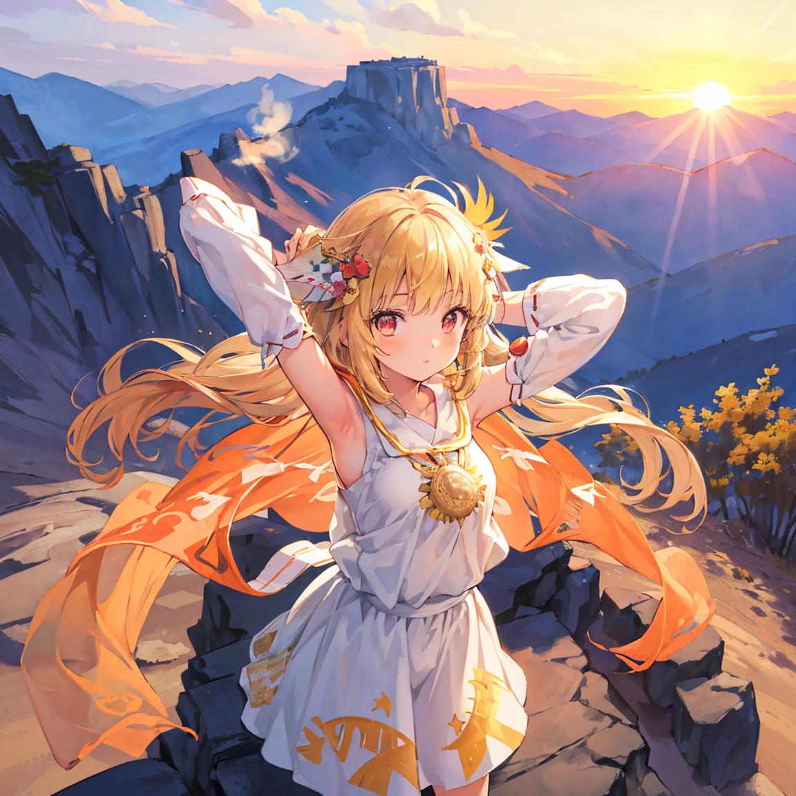 Beautiful illustration, best quality, cute girl, on the top of a mountain, ((sunset)), sunlight illumination, pastel color, natural tones, brown straight hair, native american shaman outfit, ((Sun priestess patterns)), stoic face, bright lighting, big eyes, ((arms extended))
