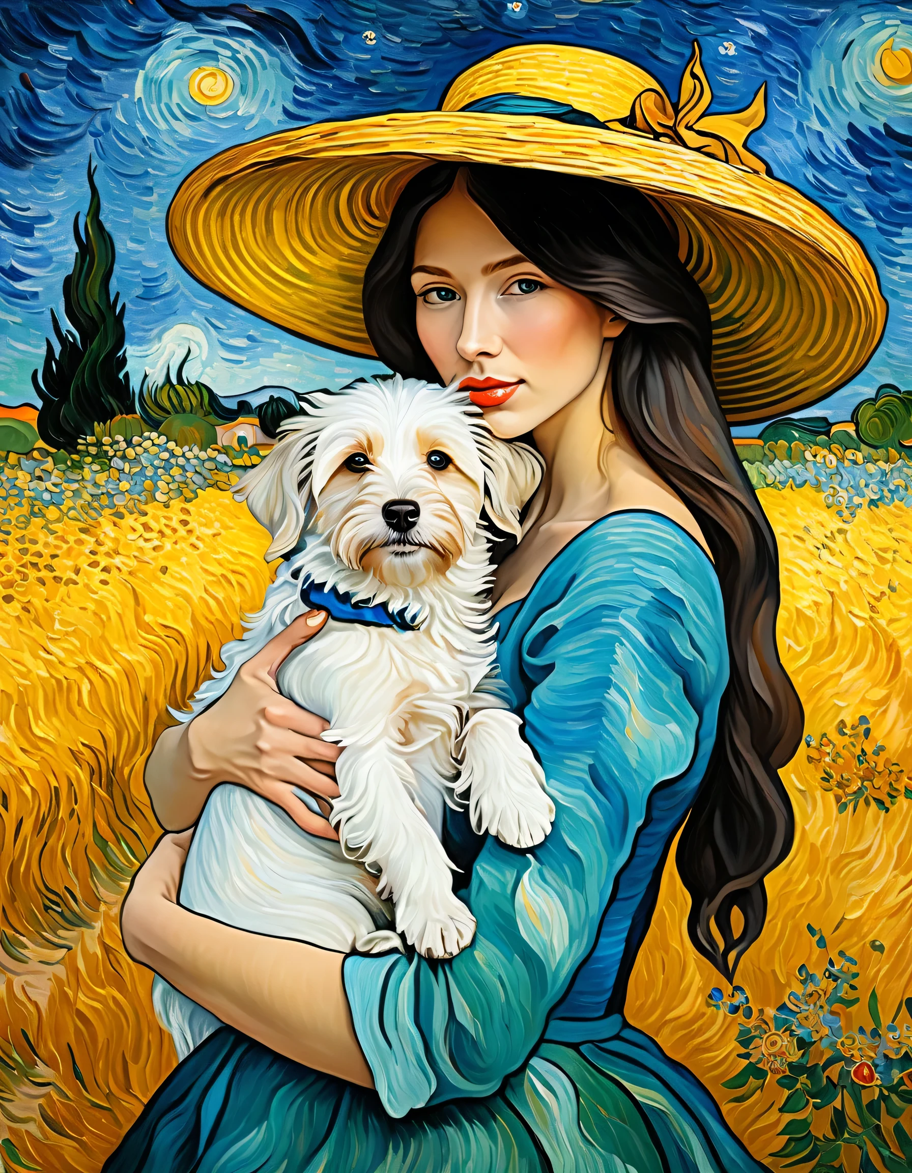 painting, beautiful Woman in Large Hat, van gogh style, holding dog, long hair