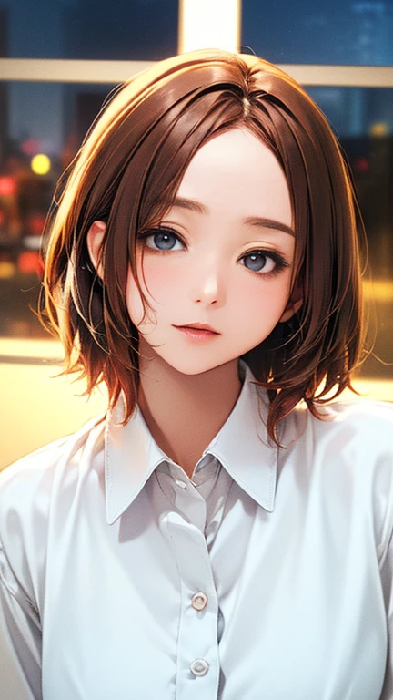(Top quality masterpiece:1.2) Delicate illustrations, Very detailed, /Beautiful Japanese Woman、1 person,Very cute and slim、Excellent style 、((8K images、super high quality))、Very delicate face, Beautiful forehead、Beautiful thighs、Bright red lipstick,(((((Middle Hair、Light brown hair、Blonde hair))))),very cute、Kind eyes,((((Tight white shirt))))、starry skies、Tokyo night view