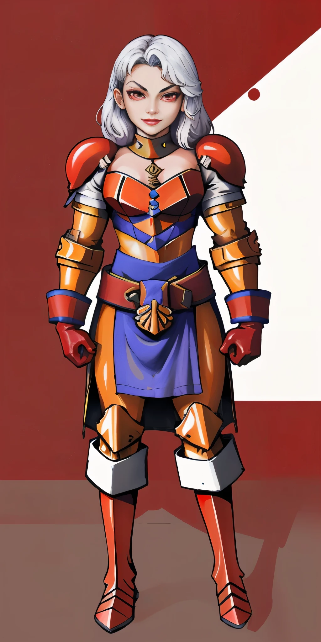 (masterpiece, best quality, 4k, 1girlsolo, 1MILF, mmplatz, smile, red cheeks, plain background:1.2) perfect face, perfect lighting, mature whsororitas with gloves red gauntlets in her hands like Cammy White from Street Fighter, bob white hair, warhammer 40k power armor suit with loincloth, red eyes like rubies, full body RED armor, view from below, looking to the viewer, arms to the sides empty hands, RED military boots, silver skull ornament attached to crossing 2 belt wide hips, 2 long legs